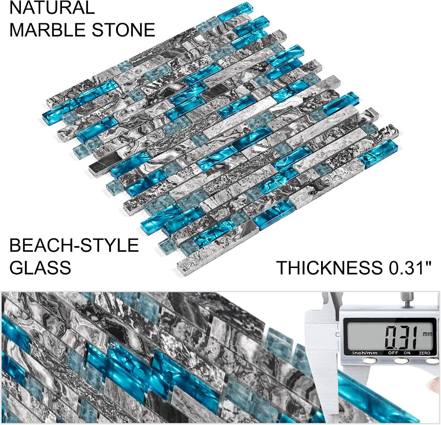 Best Deal Cheap 🛒 Happybuy Mosaic Glass Tiles 6pcs Glass Backsplash Tiles Teal Blue Marble Wall Tiles 12x12 Inch Glass Mosaic Tile Backsplash, 8mm Glass Tiles for Backsplash, Beach Style Glass Tile for Kitchen Bathroom