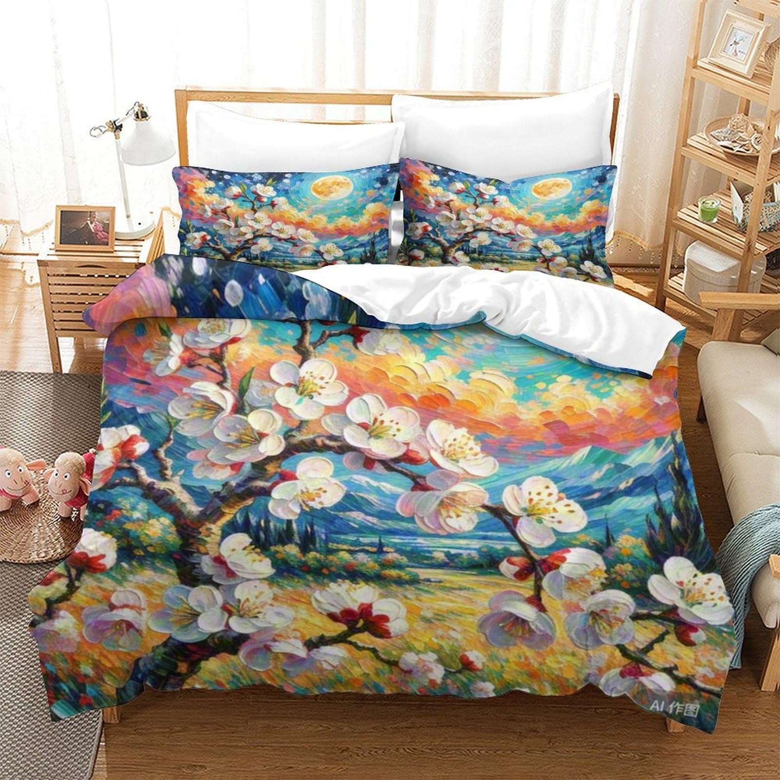 Housse de couette fleur d'abricot lit super king 260x220 parure microfibre