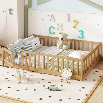 Bellemave Full Size Montessori Bed Frame with Fence and Door,Solid Wood Floor Bed with Slats for Kids,Boys,Girls,No Box Spring Needed Natural