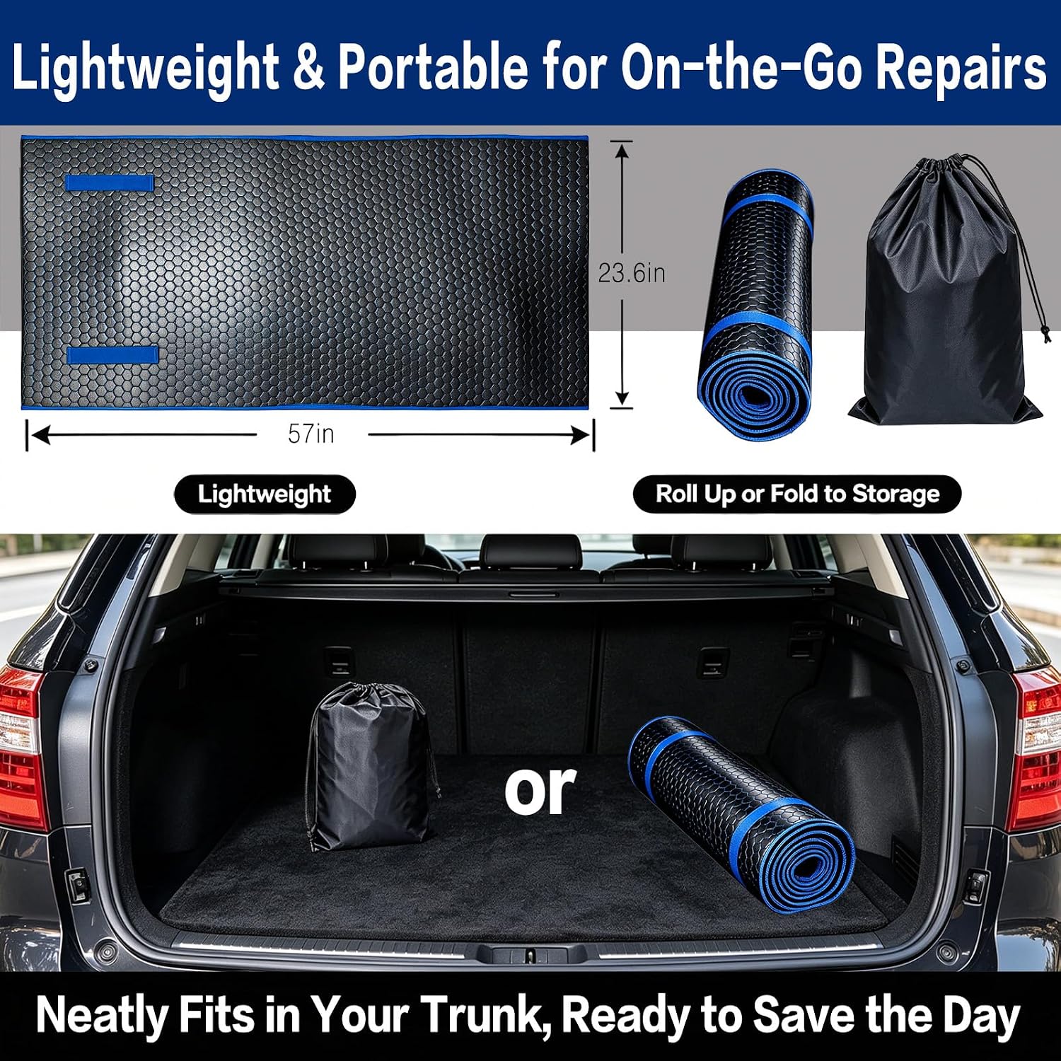 Roll-Up Mechanic Creeper Mat for Low Profile Cars, Padded Under Car Repair Pad with Storage Bag, Portable Garage Work Mat for Automotive Repair, Gravel, Roadside, RV, SUV & Truck, [Blue]