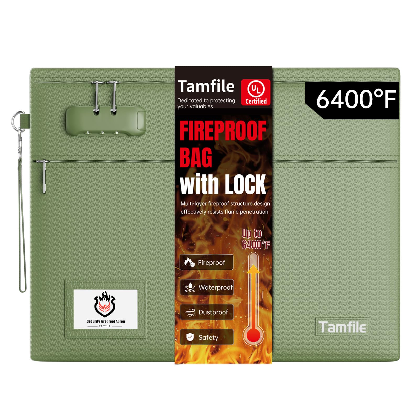 6400℉ Fireproof Document Bag with Lock, 14.5 x 11.5 inch Fireproof Money Bag 2 Pockets with Zipper for Cash, Fire Safe Money Pouch Zipper for Important File,Valuables, Keys, Passports (Green)