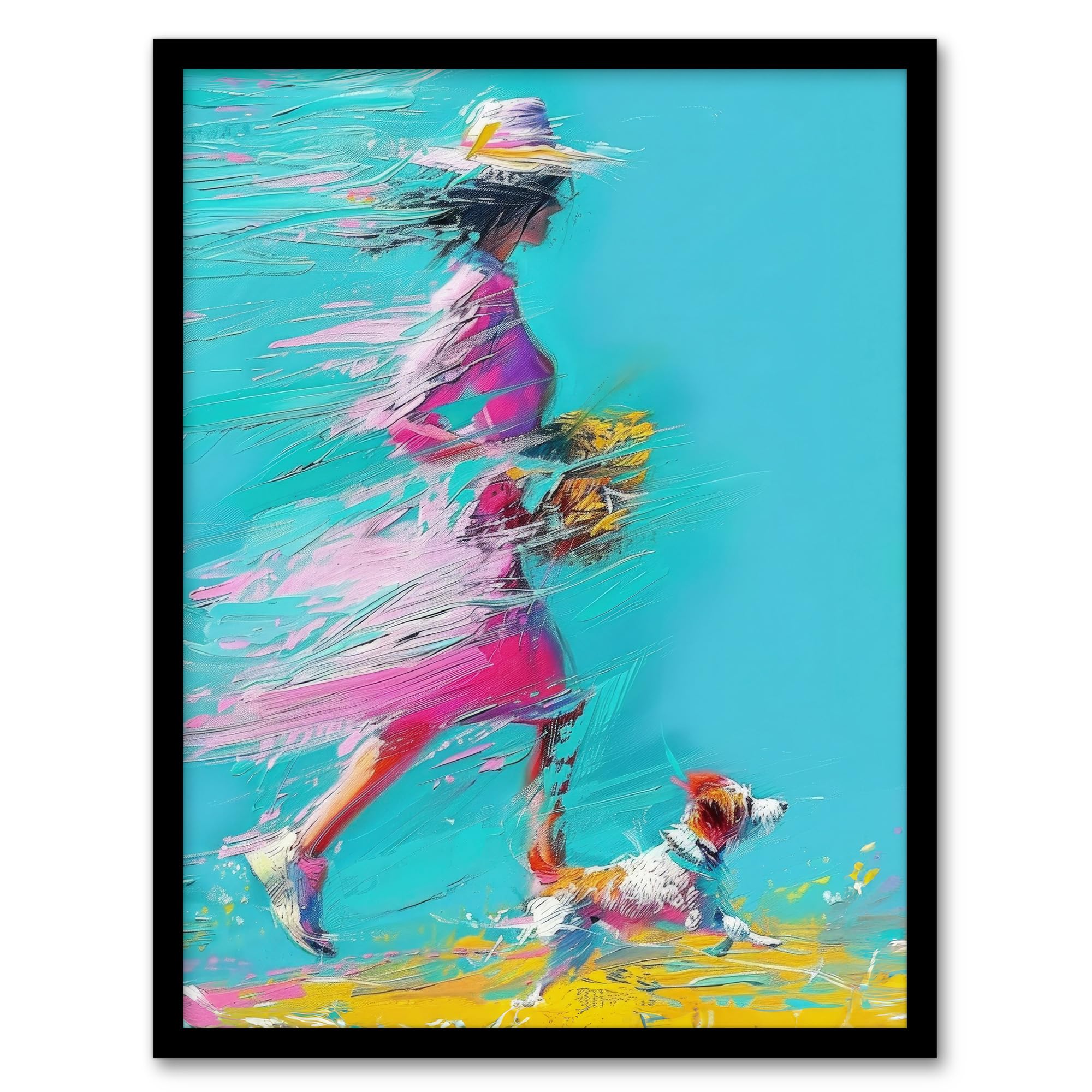 Artery8 Woman and Pet Windy Walk Dog Lover Abstract For Living Room Artwork Framed Wall Art Print A4