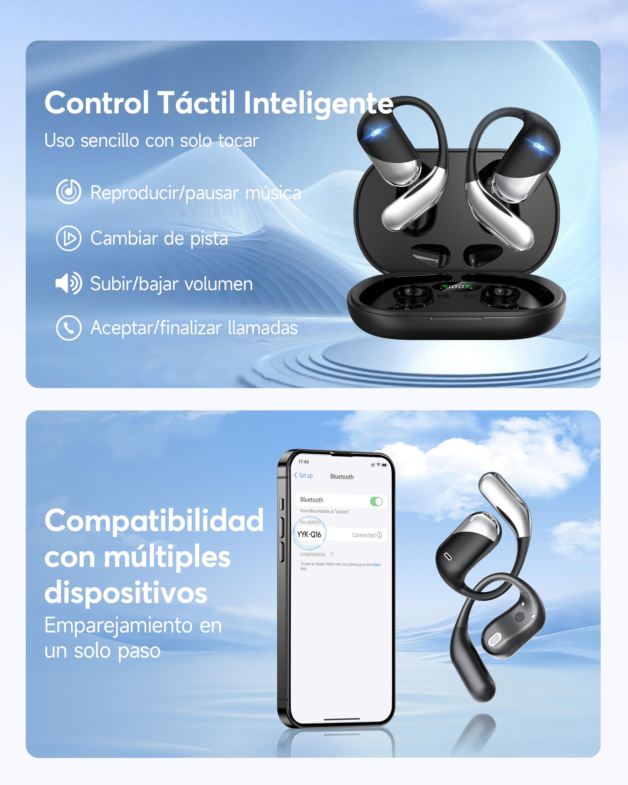 Paekole Auriculares Inalámbricos Deportivos Abiertos, Bluetooth 6.1 Open Ear con Gancho Flexible, 80H Batería, Pantalla LED, ENC Cancelación Ruido, IPX7 Impermeable, Oreja Abierta Running y Oficina