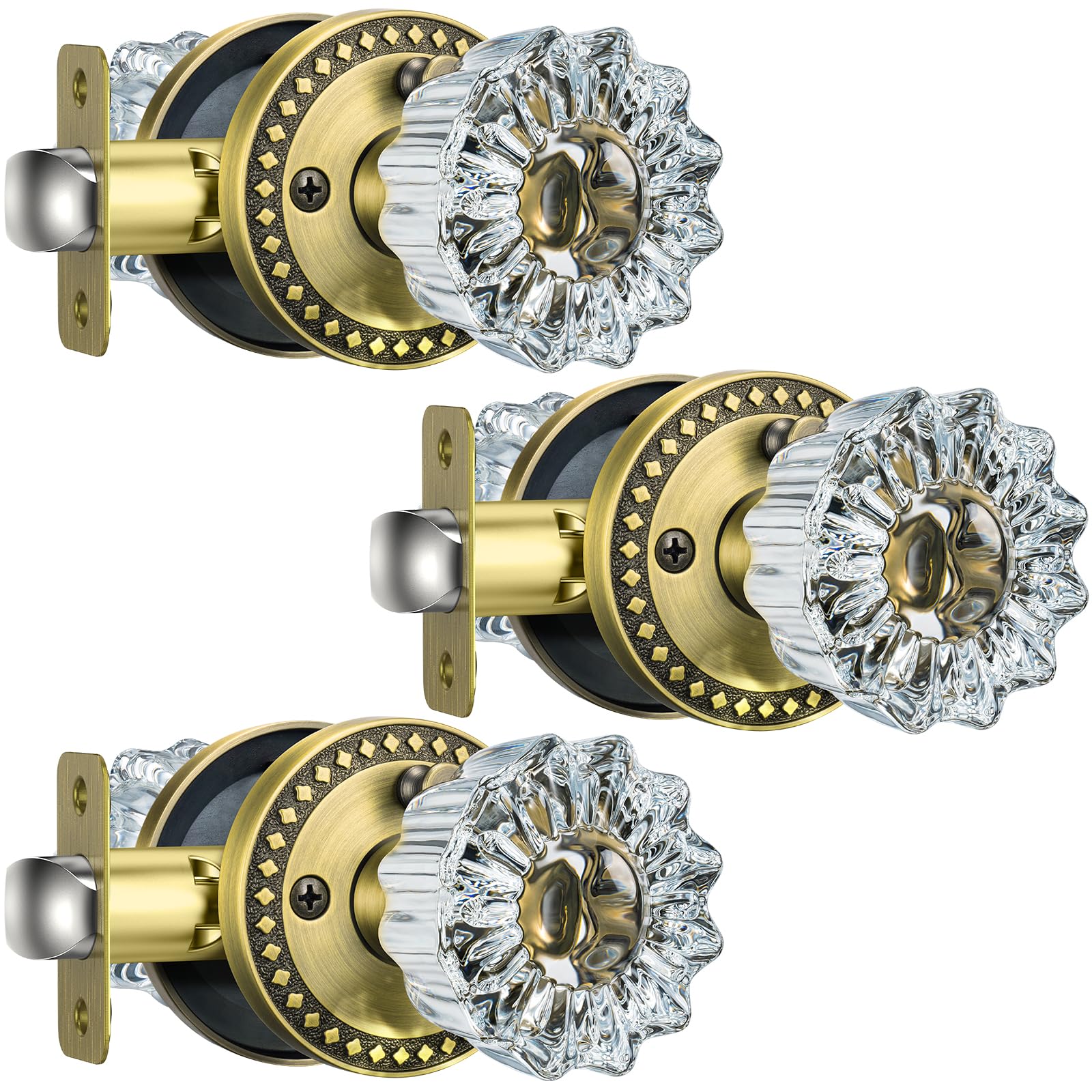 Antique Brass Glass Door Knobs - 3 Pack with Lock -1
