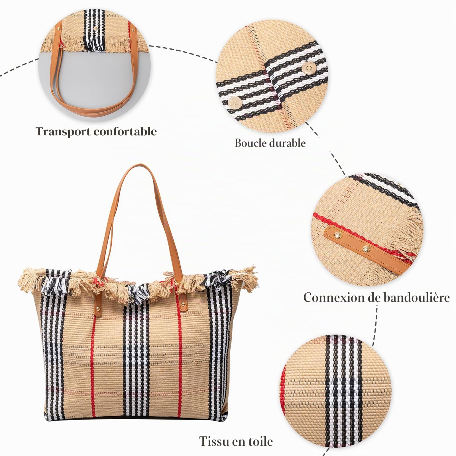 CORIOS Sac à Main Femmes Grande Capacité Sac de Plage Sacs Portés Épaule en Toile Occasionnel Sac Fourre Bohème Sacs Cabas Leicht Sac D'épaule avec Glands pour Plage Vacances Rayures Kaki et Noires