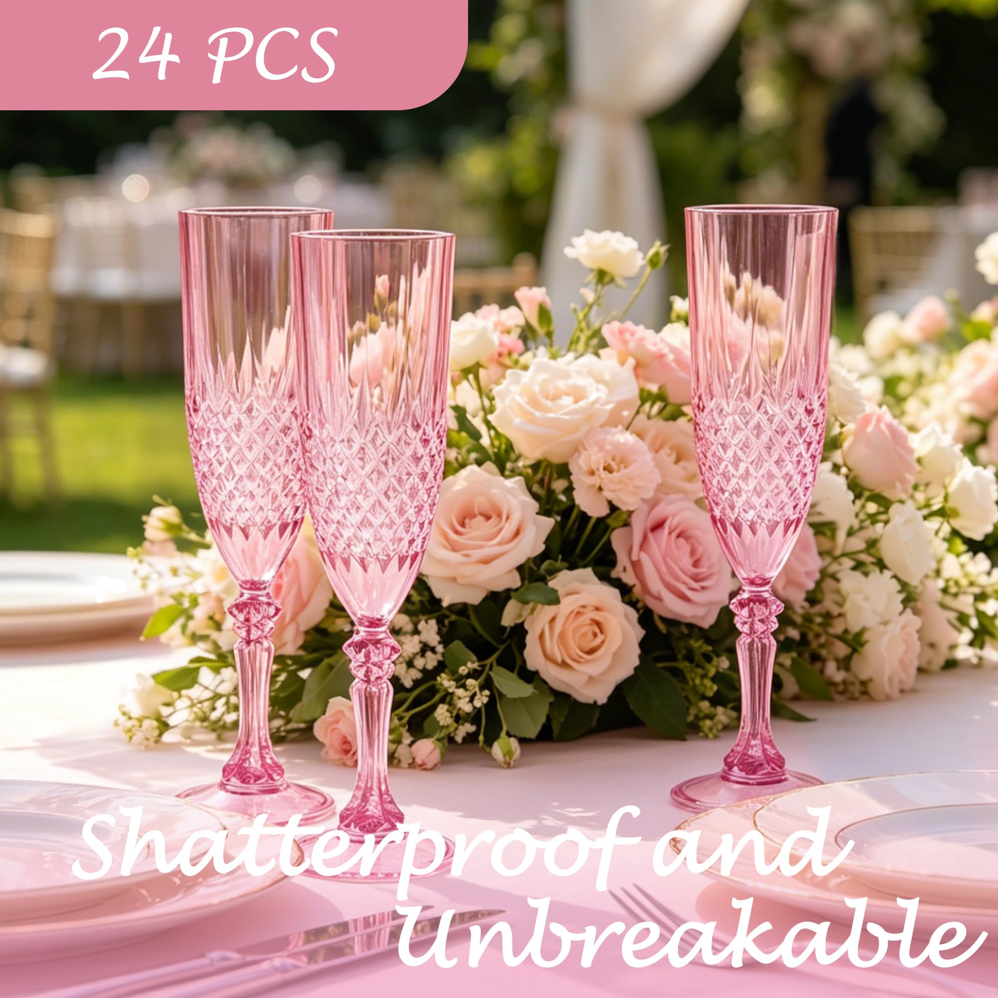 Flute da champagne in plastica, 24 calici da vino in plastica rosa, infrangibili, riutilizzabili, per matrimoni, feste di addio al celibato, brindisi ed eventi (24, rosa)