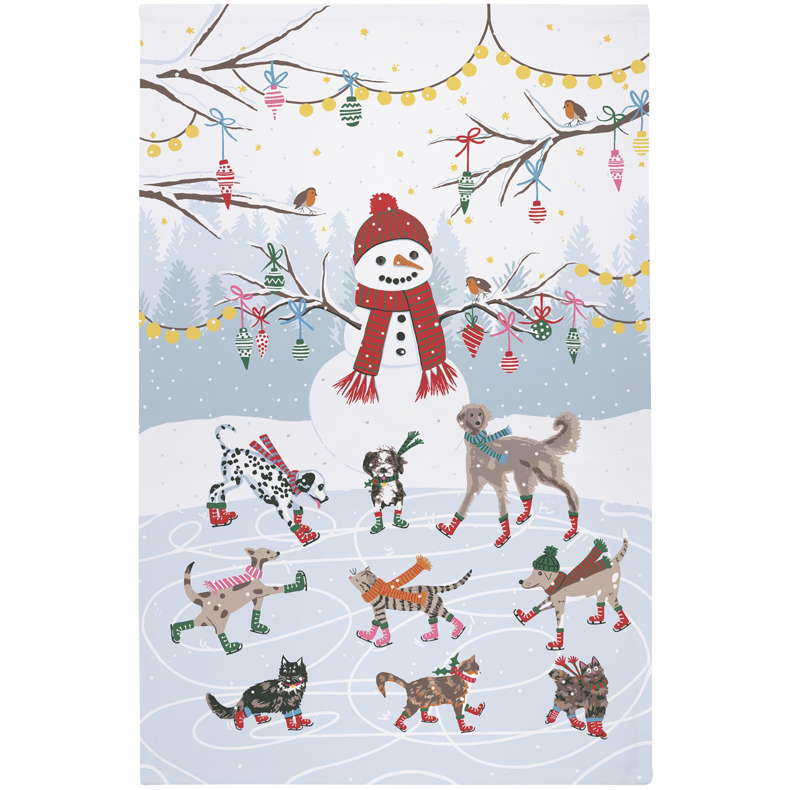 Ulster Weavers Cats & Dogs 100% Cotton Christmas Tea Towel, Ice Skating Animals