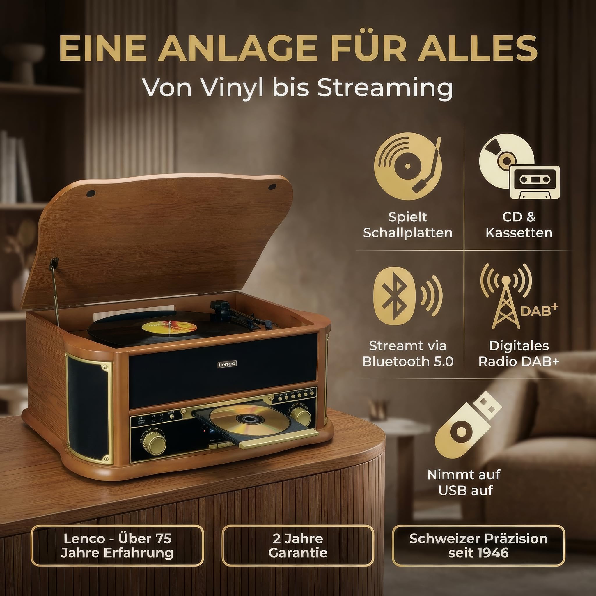 Lenco TCD-2571WD - Plattenspieler mit Lautsprecher & Bluetooth | TCD-2571 - Schallplattenspieler - Vinyl Player - 3 Gang (33/45/78 RPM) - CD-Spieler