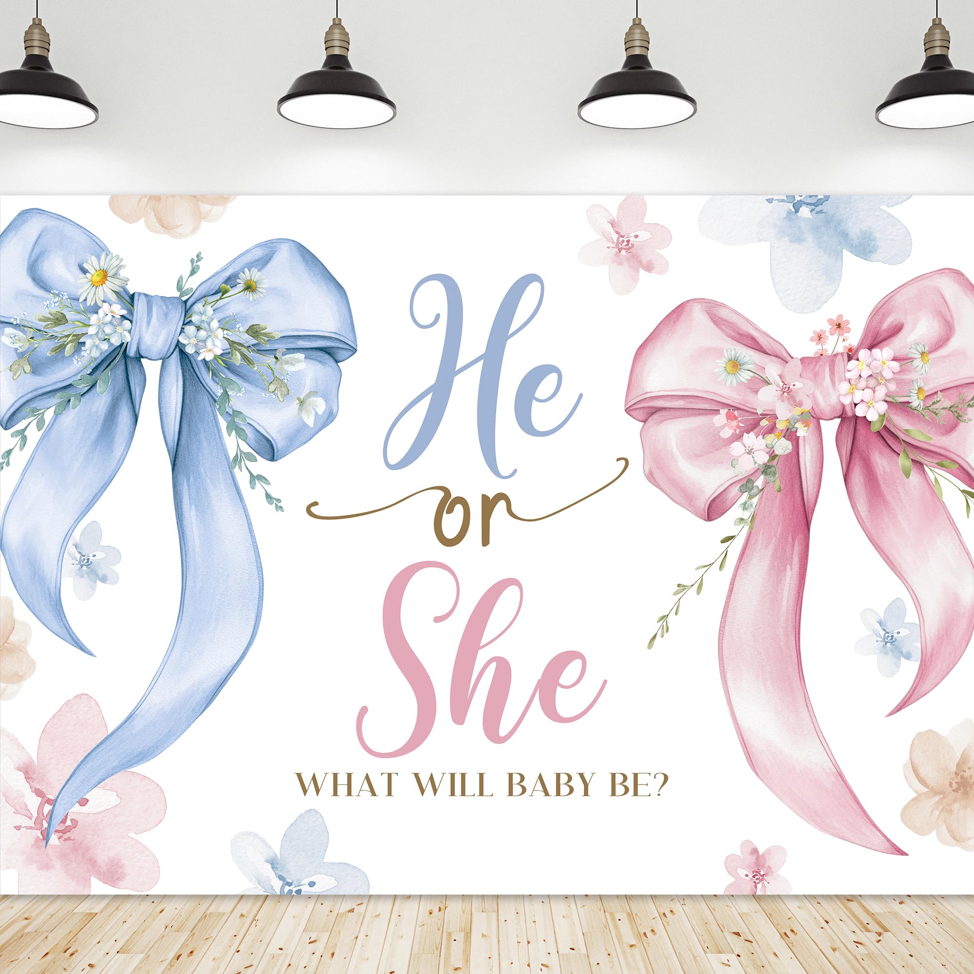 Riyidecor Gender Reveal Backdrop Polyester Fabric Bow Baby Shower Leaves He or She What Will Baby Be Pink Blue 7Wx5H Feet Newborn Photography