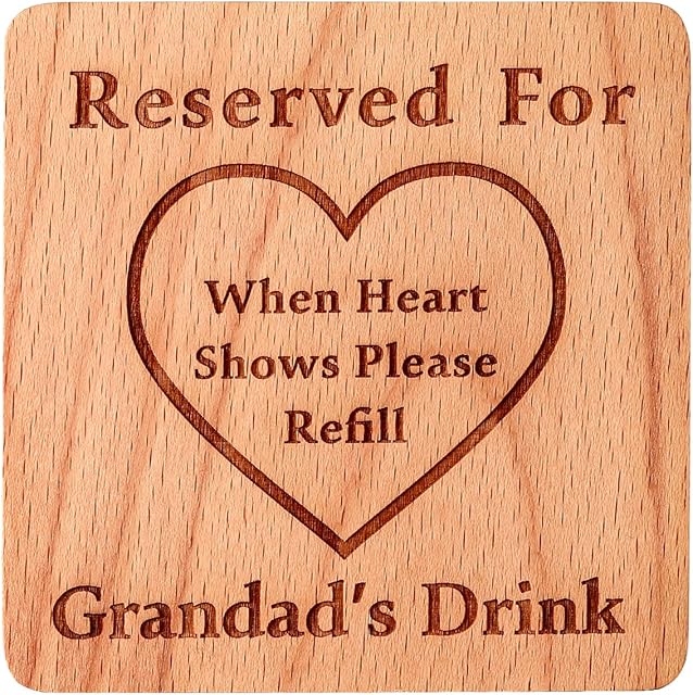 Drink Coasters For Grandads Gift - Reserved For Grandad's Drink, Natural Solid Wood Hand-Made Coaster With Velvet Pouch, Present to Grandpa,Anniversary,Christmas or Grandad Birthday Gifts
