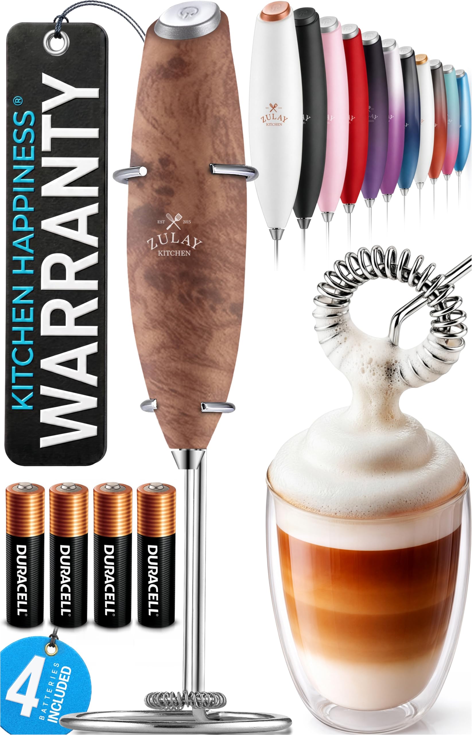 Zulay Kitchen Powerful Milk Frother Wand With Duracell Batteries - Ultra Fast Handheld Drink Mixer - Electric Whisk Foam Maker for Coffee, Lattes, Cappuccino &amp; Matcha - Z1 Motor - Walnut