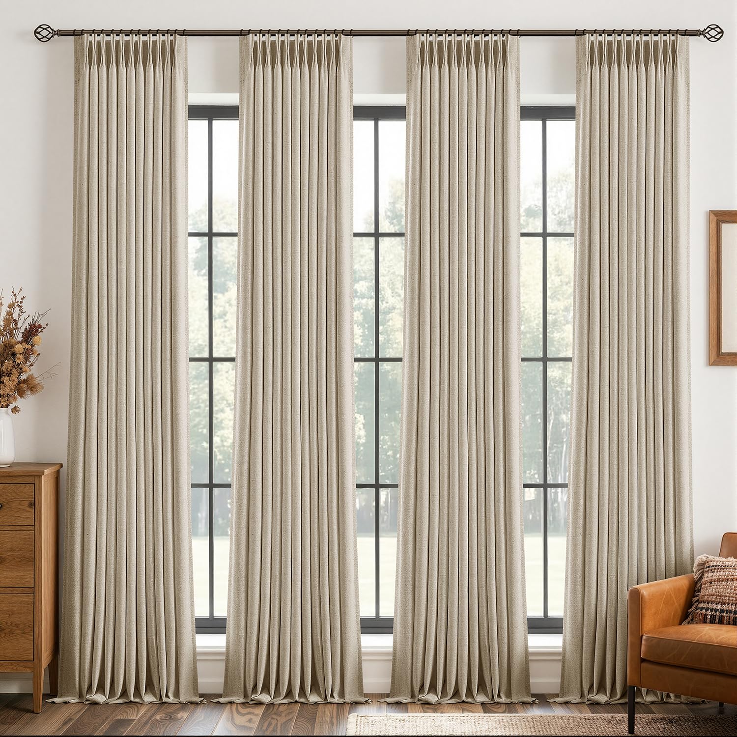 MIULEE 4 Panels Pinch Pleated 100% Blackout Linen Curtains 40"x102" Sand