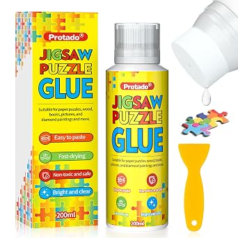 Jigsaw Puzzle Glue, 200ML Clear Quick Dry Puzzle Sealer with Sponge Applicator & Scraper, Puzzle Saver for Finished Puzzles, Non-Toxic Adhesive for 1000/3000/5000 Piece Paper & Wooden Puzzles