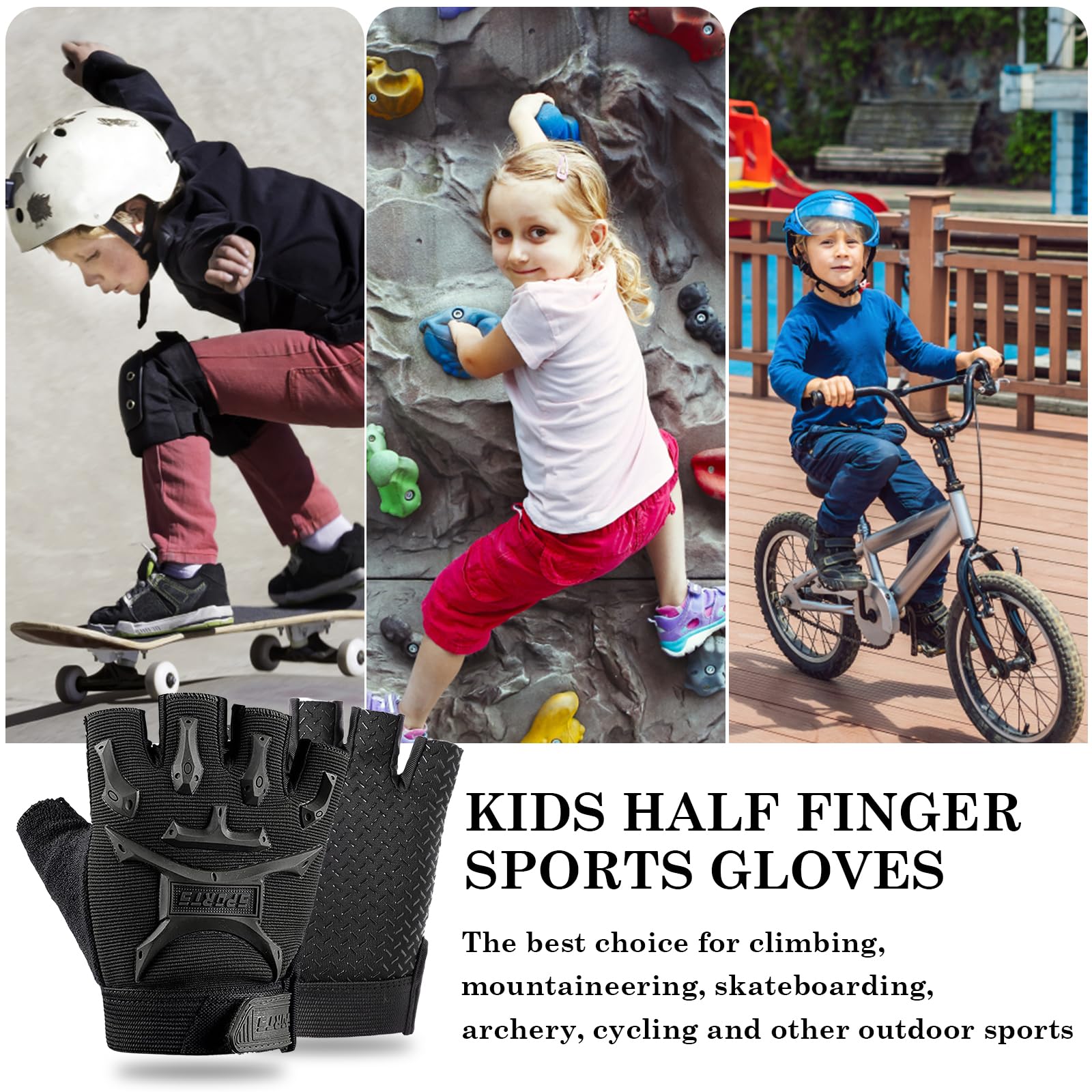 Guantes de Ciclismo de Medio Dedo para Niños, Guantes Deportivos Antideslizantes, Negro, Talla Única