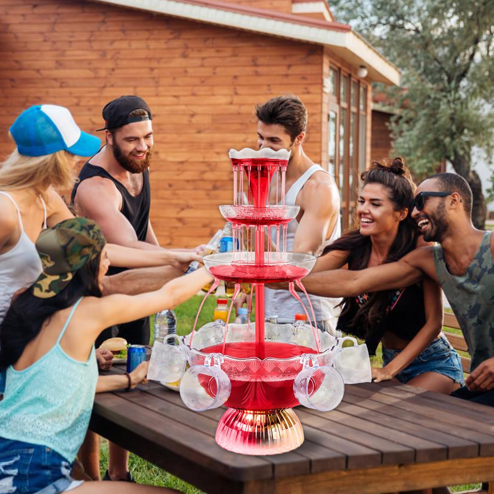 3 Niveaux Fontaine de Fête avec Boissons Réutilisables, Vin Éclairé LED, Fontaine à Boire pour Pubs, Fêtes et Anniversaires