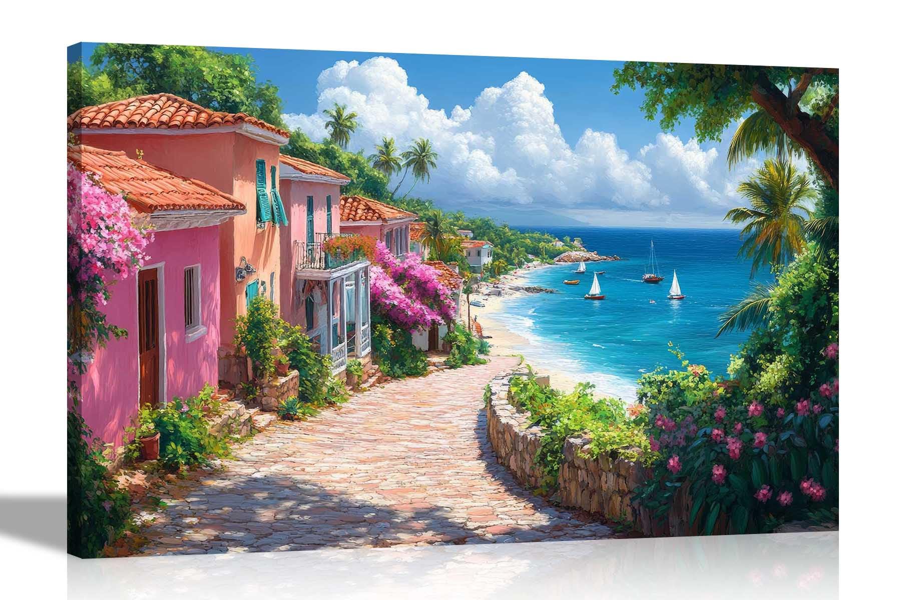 Artley Prints Caribbean Paradise Coast - Paradise Caribbean Coast Sea View Canvas Wall Art Framed Landscape Pictures Contemporary Prints Ready To Hang 60 X 40Cm (24 X 16 Inches) A2