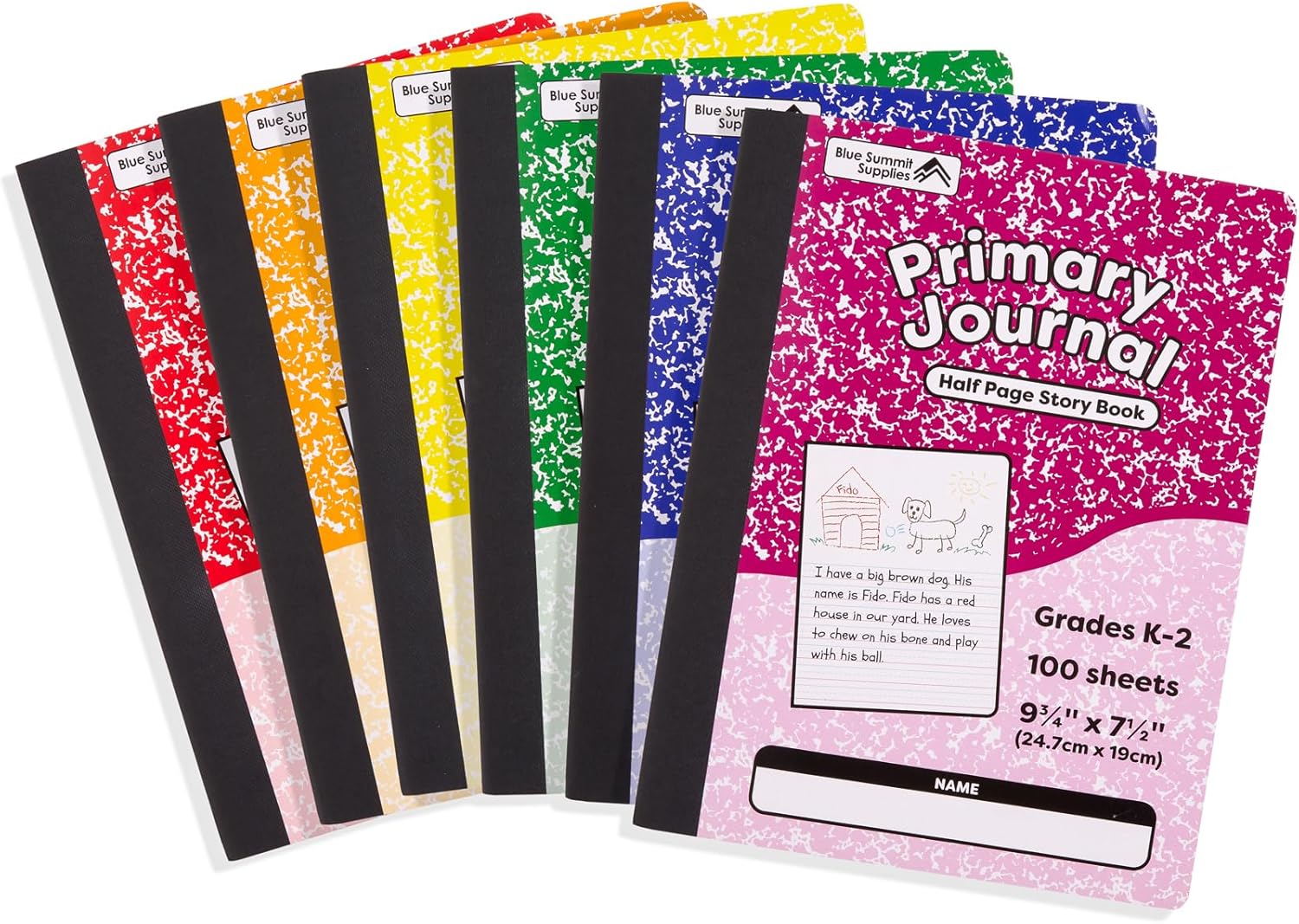 Blue Summit Primary Composition Notebook K-2, Primary Journal Grades K-2, Writing Journal for Kids in Preschool, Kindergarten Notebook For Kids to Learn to Write, 100 Sheets, 6 Pack, Assorted Colors 6 Pack Half Page