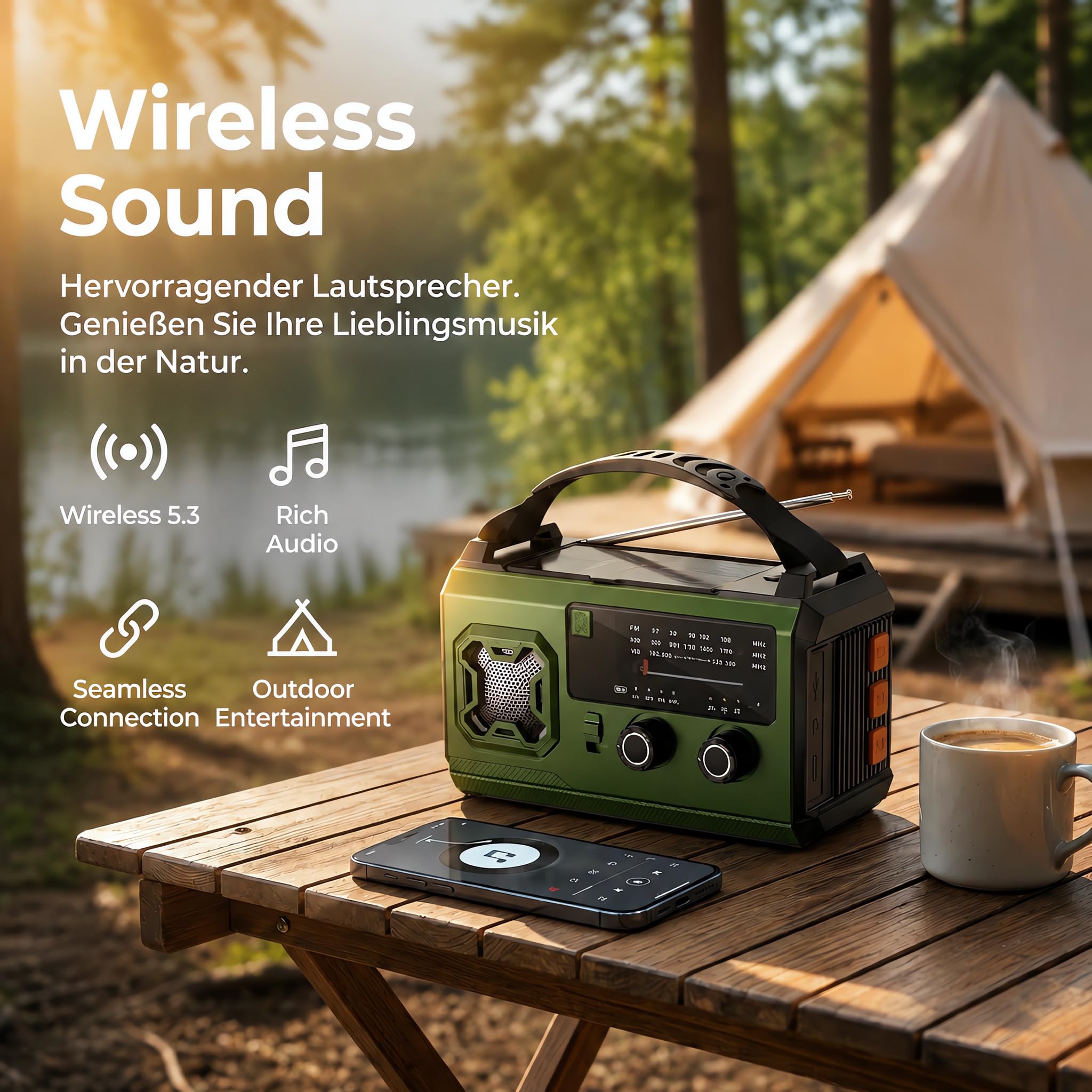 27000mAh Kurbelradio Notfallradio mit Solar & Powerbank: AM/FM Solarradio, Handkurbel, SOS, Taschenlampe, Leselampe, Kompass & Kopfhöreranschluss – Ausrüstung für Camping & Stromausfall (Olivgrün)