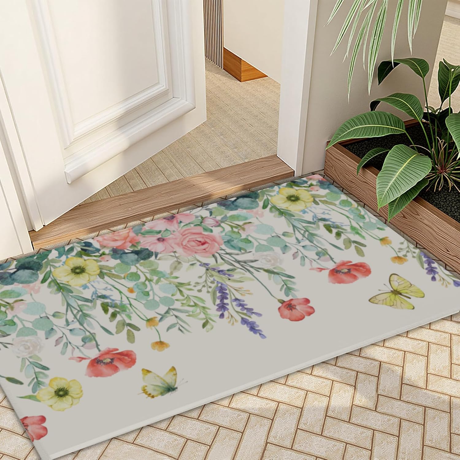Spring Area Rug 2'x3' Floral Butterfly Entry Rug Flower Sage Green Eucalyptus Leaves Non Slip Kitchen Mat Low Pile Washable Carpet for Entrance Kitchen Bathroom