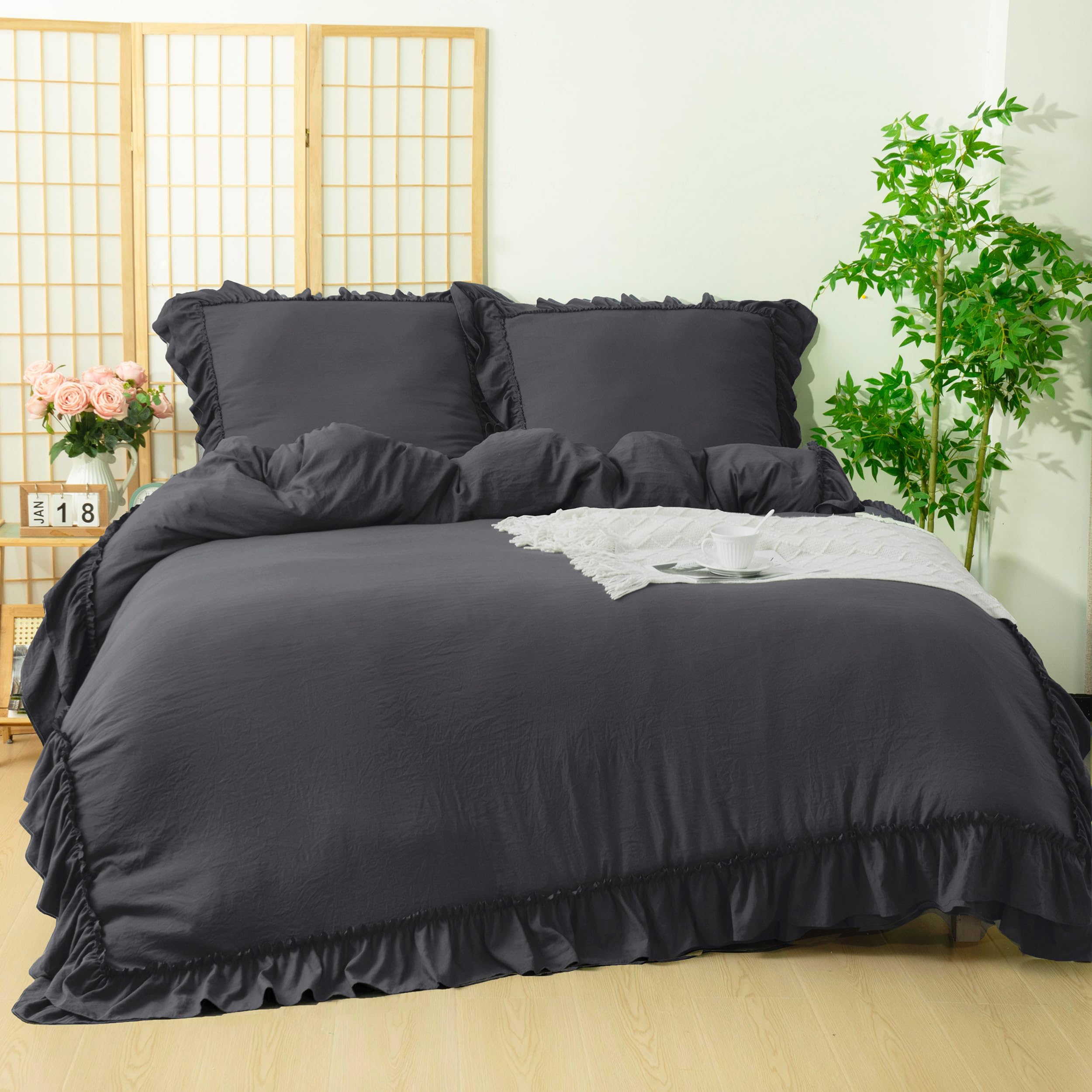 HIG 3 Pieces Dark Grey Ruffle Duvet Cover - OEKO-TEX Certified - Double Size 200 x 200 cm with 2 Pillowshams, Soft Breathable Polyester Microfiber, Ruffled Edge Design, Easy Care