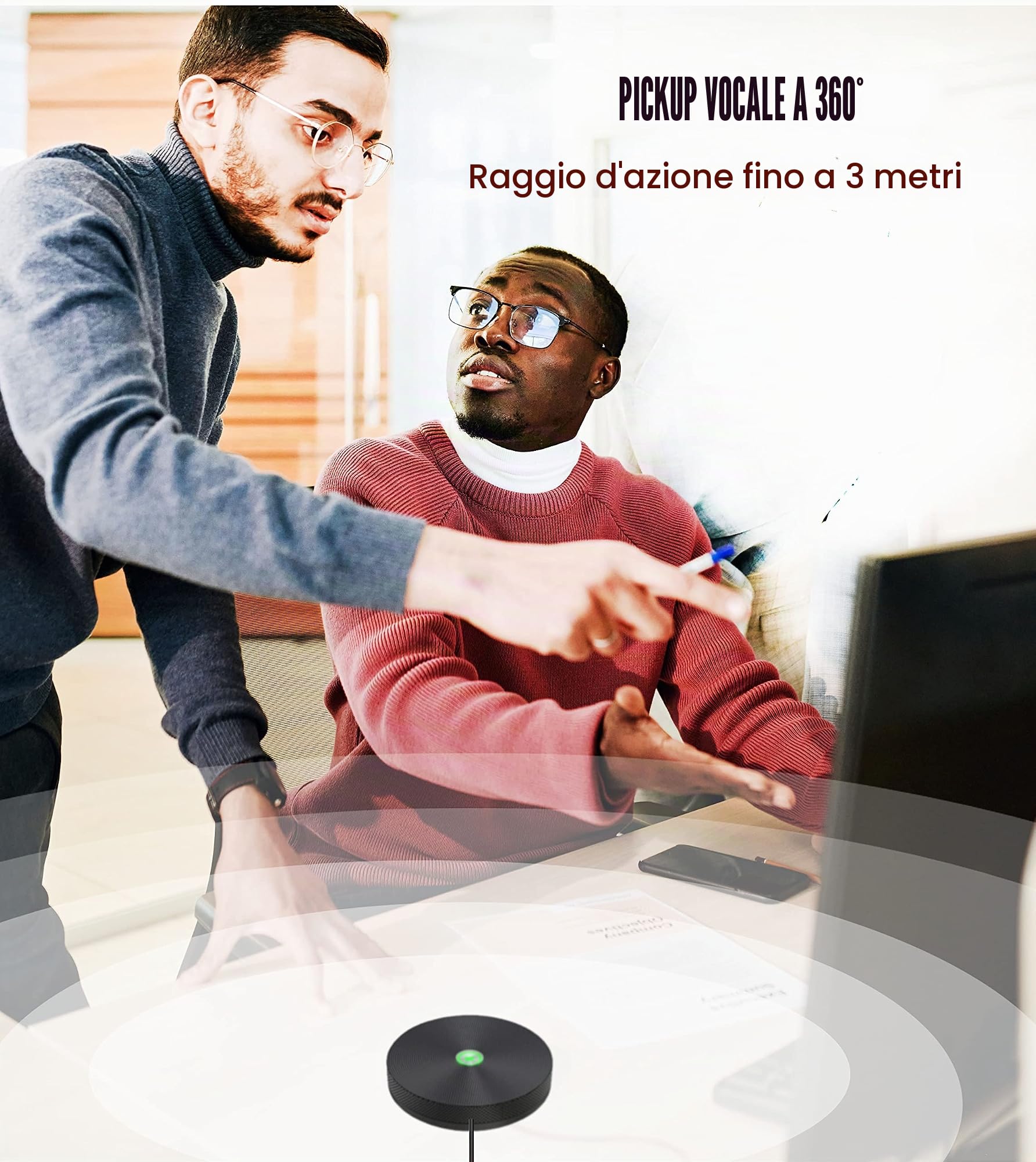 PowerMic - Microfono da conferenza telefonica a 360°, in metallo, con cancellazione dell'eco e del rumore, per sala riunioni o ufficio del telelavoro