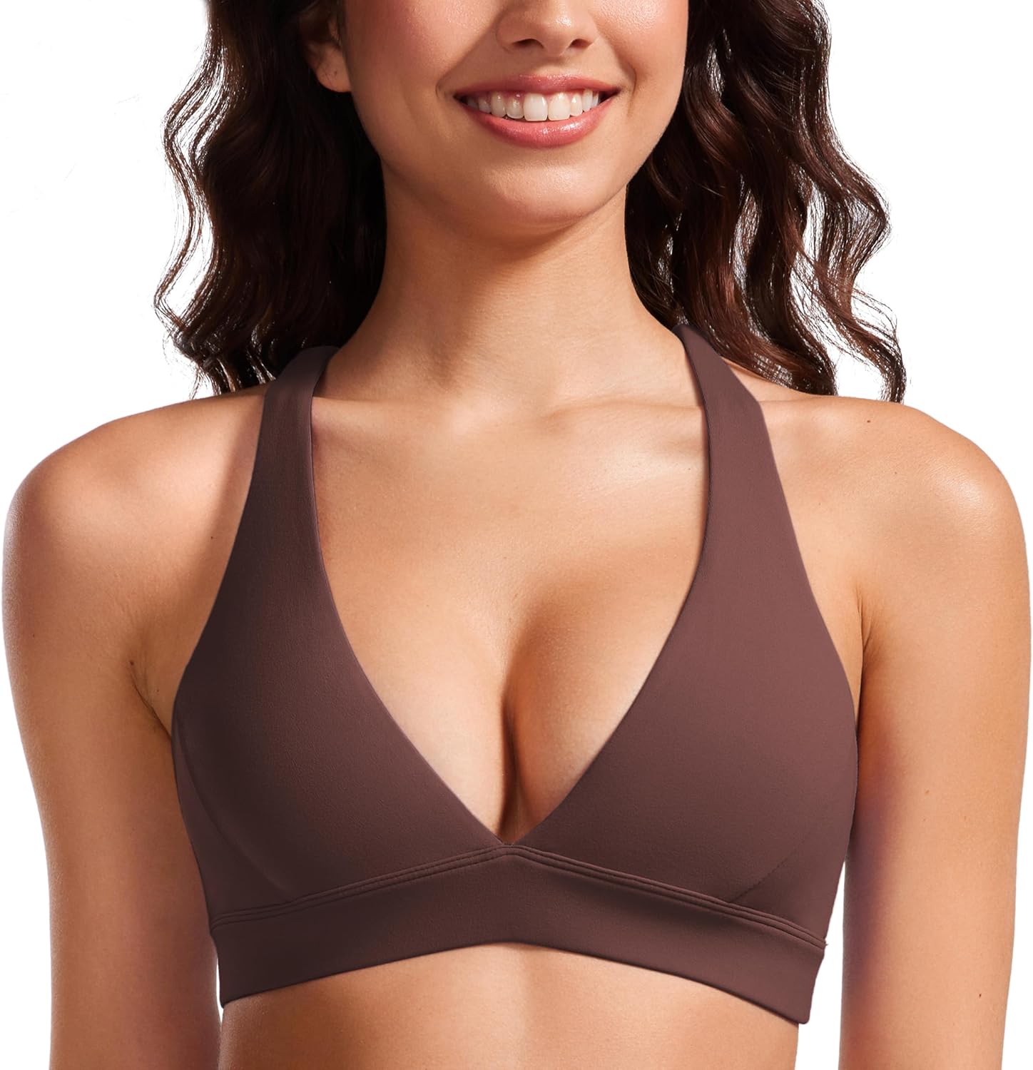 CRZ YOGA Butterluxe Deep V-Neck Sports Bras for Women - Spaghetti Strap Criss Cross Padded Top Low Coverage Wireless Yoga