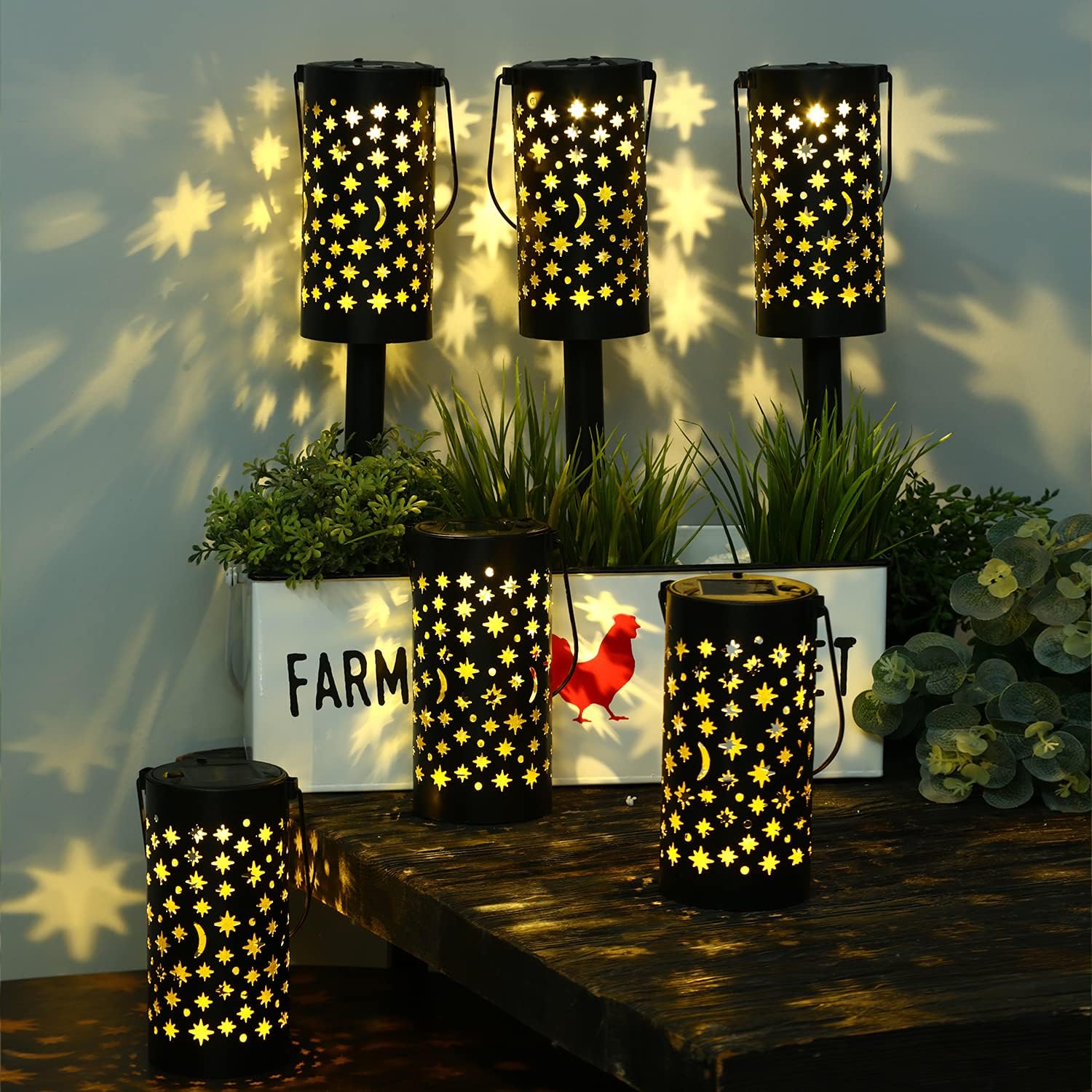 TZSSP Solar Pathway Lights Outdoor Solar Powered Garden Lights Metal Waterproof LED Path Hanging Star Moon Solar Landscape Lights Outdoor for Walkway, Garden, Patio, Lawn, Yard，6 Packs