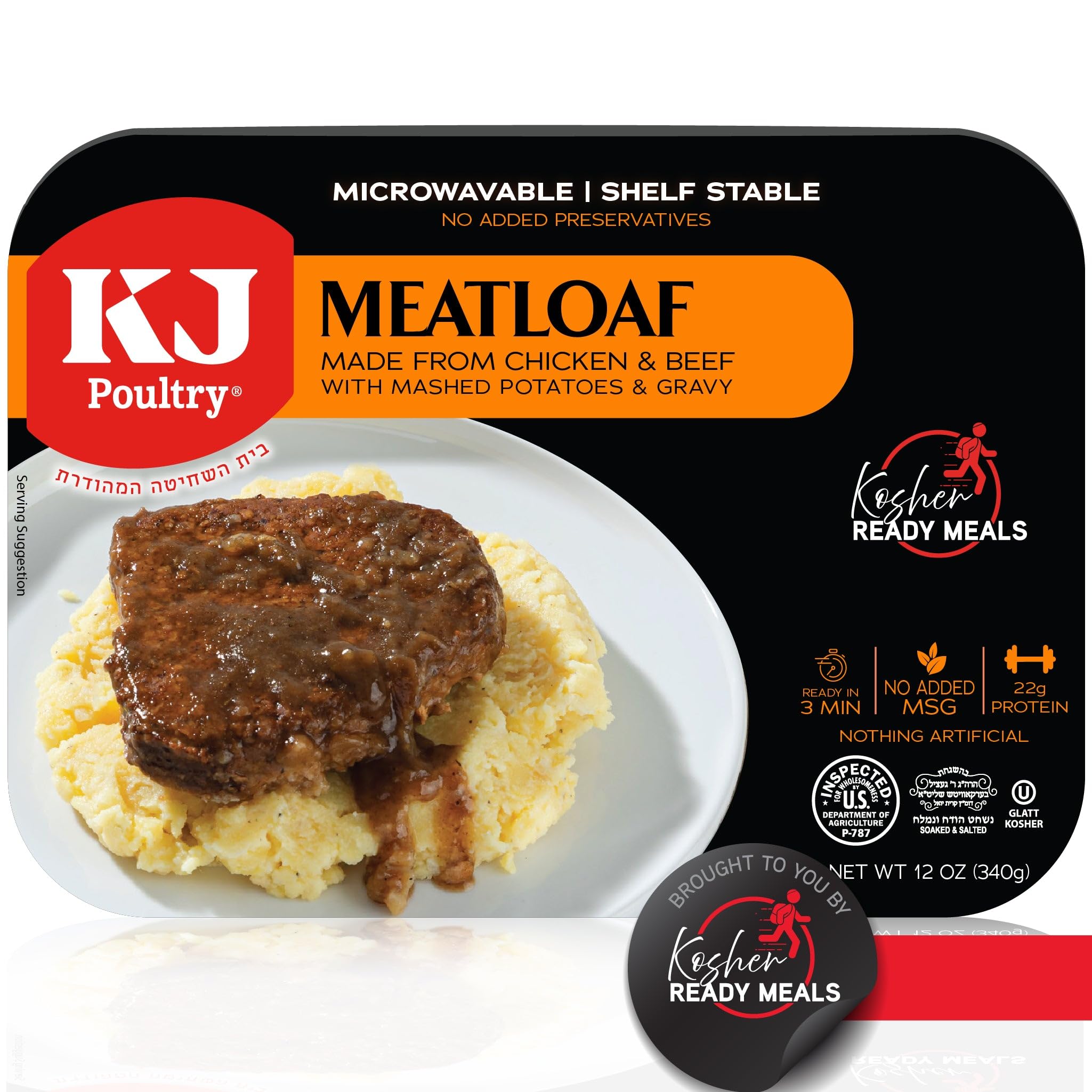 KJ Poultry Kosher Ready Meals - Meatloaf & Mashed Potato, MRE Meals Ready to Eat (1 Pack) Prepared Entree Fully Cooked, Shelf Stable Microwave Dinner