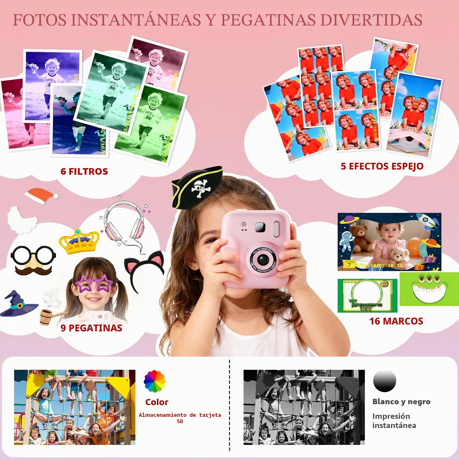 Camara Fotos Infantil Instantanea, Cámara Instantánea para Niños con Tapa de Lente de Unicornio, Papel de Impresión y Tarjeta SD de 32G, Cámaras duales, Regalo para Niños de 3 a 14 años (Rosa)