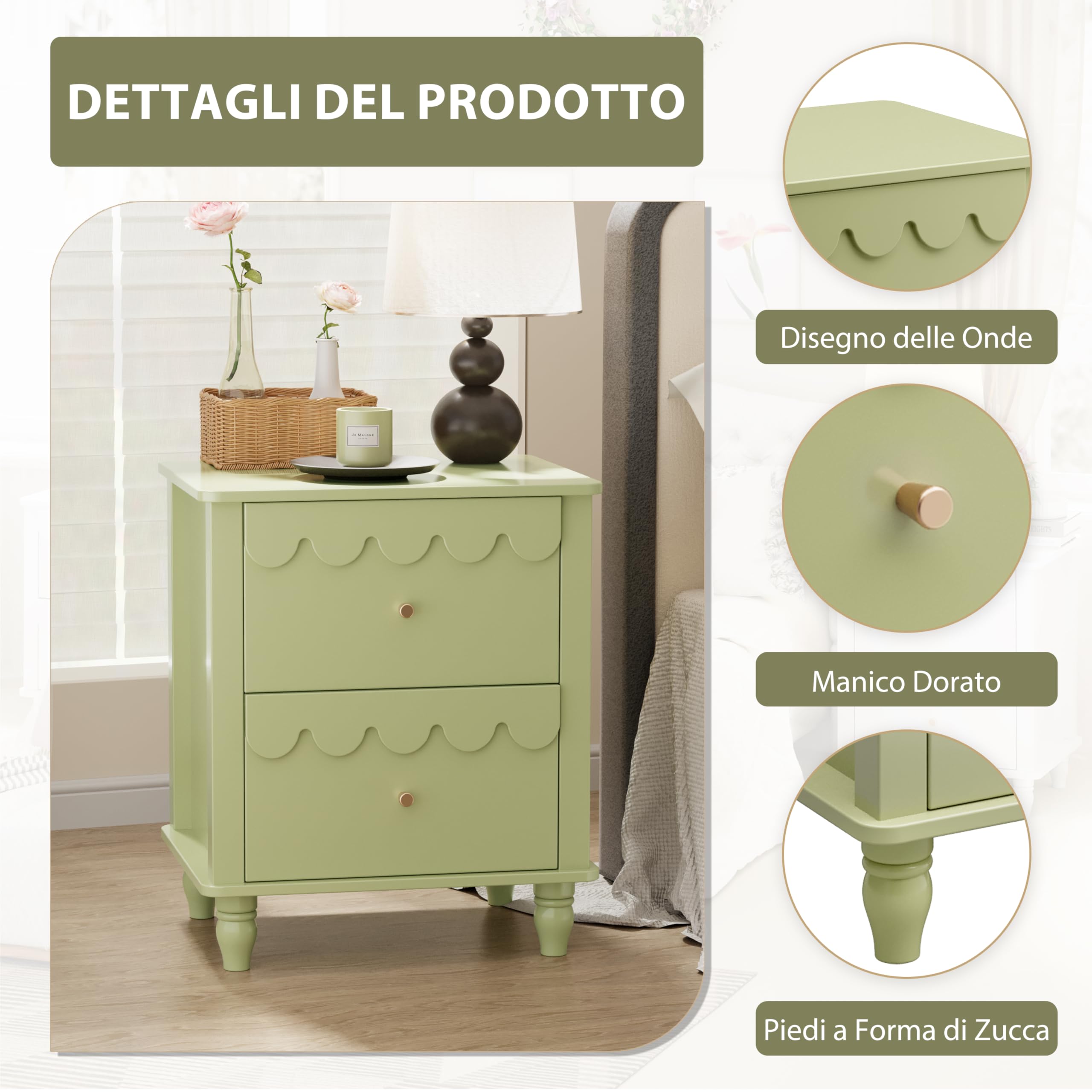 UEV Set di 2 Comodini, Tavolino Laterale con Design a Onde, Tavolino da Divano Colorato, 2 Cassetti Portaoggetti, per Soggiorno, Camera da Letto, Ufficio, 50 x 40 x 60 cm, Verde