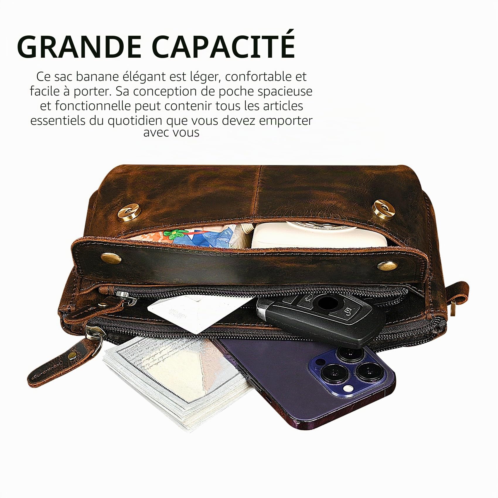 Sac Banane-Sac Ceinture- en Toile résistante à l'eau + Cuir pour randonnée, Voyage, Petite Pochette pour téléphone Portable pour Homme et Femme FB811-29 (100% Cuir - 8136 Marron)