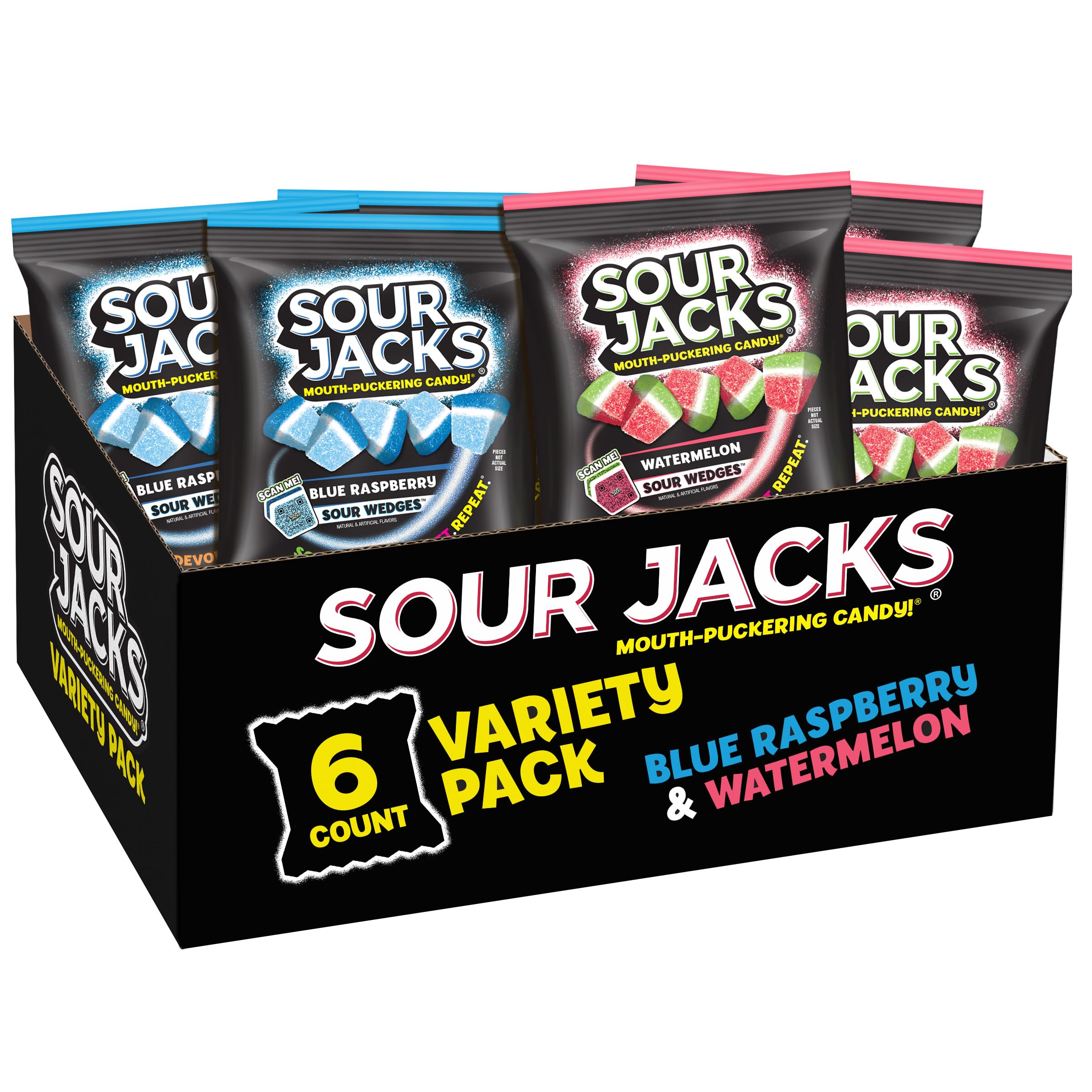 SOUR JACKS, 사워 젤리 캔디, 99.2g(3.5온스) 백 6팩, 수박 및 블루 라즈베리, 지방 프리, 글루텐 프리