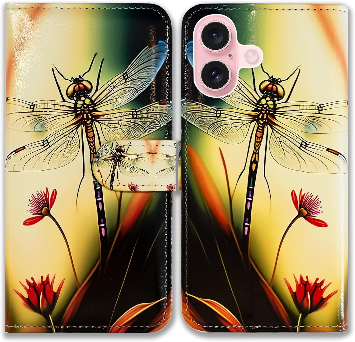 Case for iPhone 16,Colorful Dragonfly Style Leather Flip Phone Case Wallet Cover with Card Slot Holder Kickstand Case for Apple iPhone 16