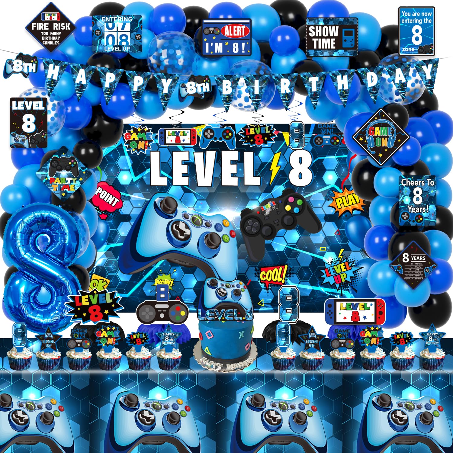 KOTLMIGHT 8th Birthday Decorations for Boys, 148Pcs Blue Video Game level 8 Party Supplies for Boy 8th Birthday - Backdrop, Banner, Balloons,