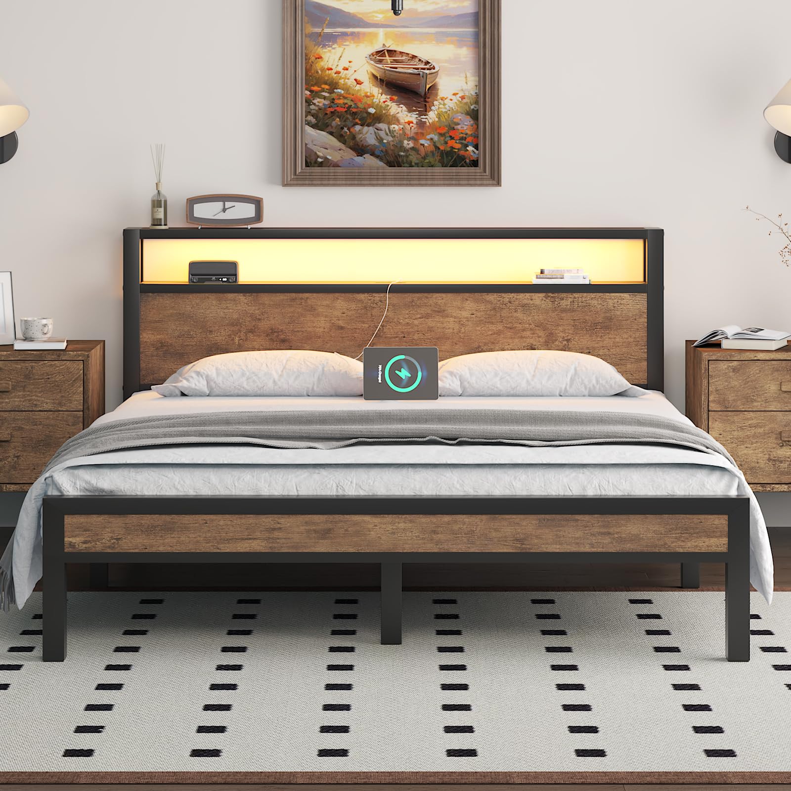 Queen Size Bed Frame with Storage Headboard, Industrial Platform Bed with Charging Station and LED Lights, Heavy Duty Metal Slats, No Box Spring Need,