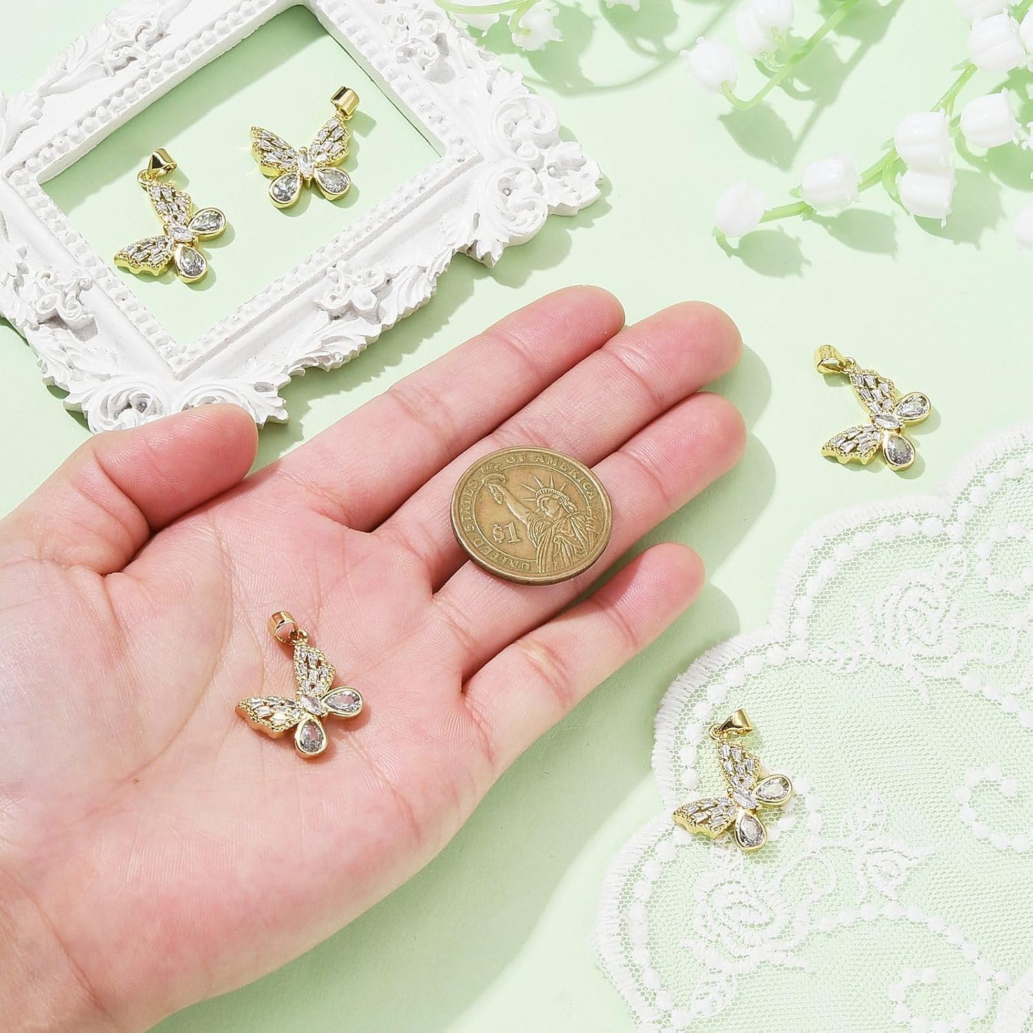 KitBeads 5pcs Cubic Zirconia Butterfly Charms - Transparent Animal Insect Charms, 18k Real Gold Plated Butterflies for Jewelry Making, Bulk - Image 4