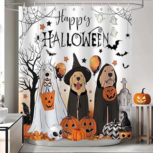 Miniatura 7 de Cortina de ducha de Halloween para baño, divertido disfraz de perro, fantasma, terror, calabaza, araña, murciélago, decoración de baño, tela