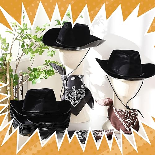 Miniatura 4 de Hillban Paquete de 48 sombreros de vaquero y bandanas, sombreros de vaquero de plástico de fieltro para mujeres y hombres, suministros de fiesta del
