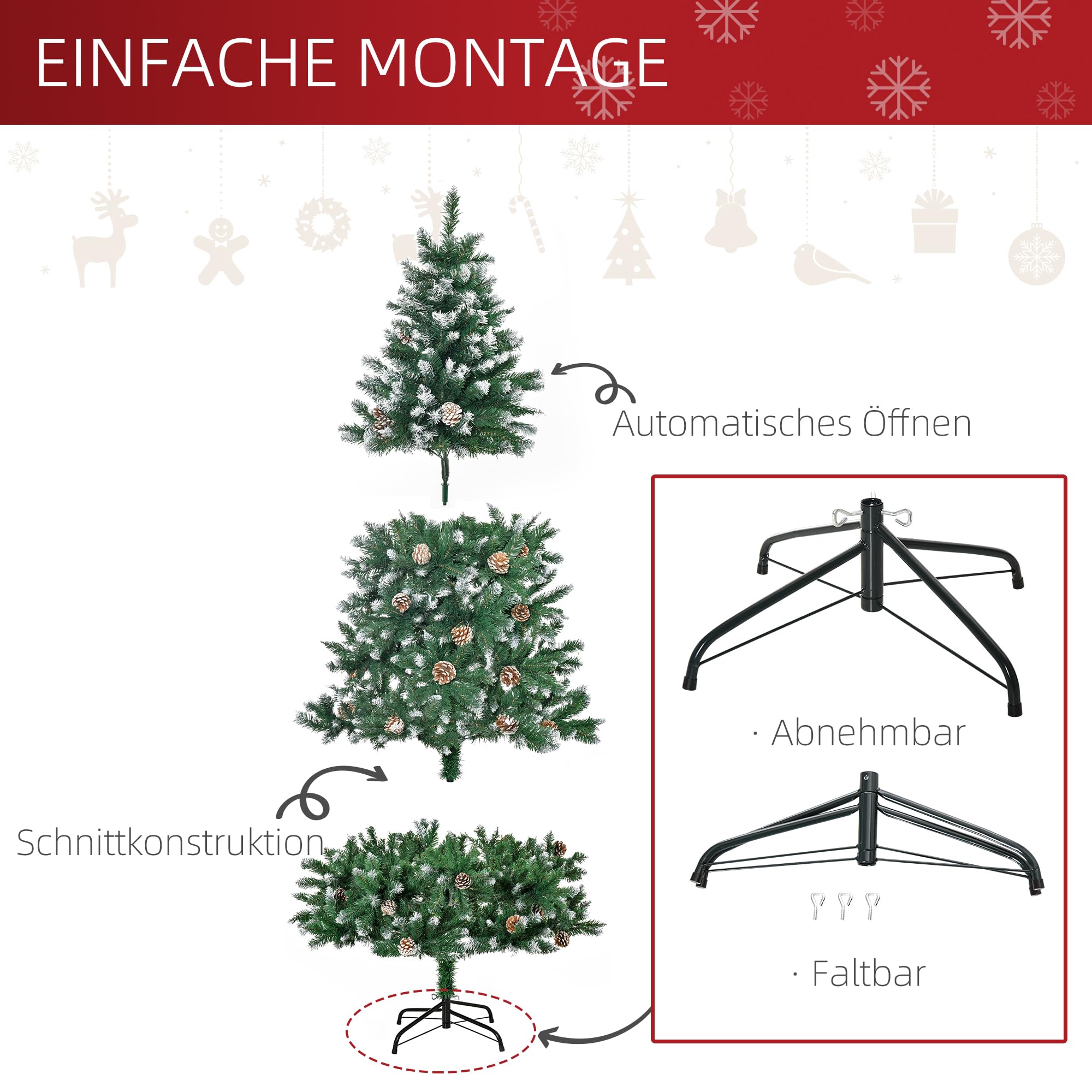 HOMCOM Künstlicher Weihnachtsbaum 180 cm Kieferbaum mit 59 Zapfen Schnee | 1111 Spitzen, Christbaum, Weihnachtsdeko, Inkl. Metallständer, für drinnen