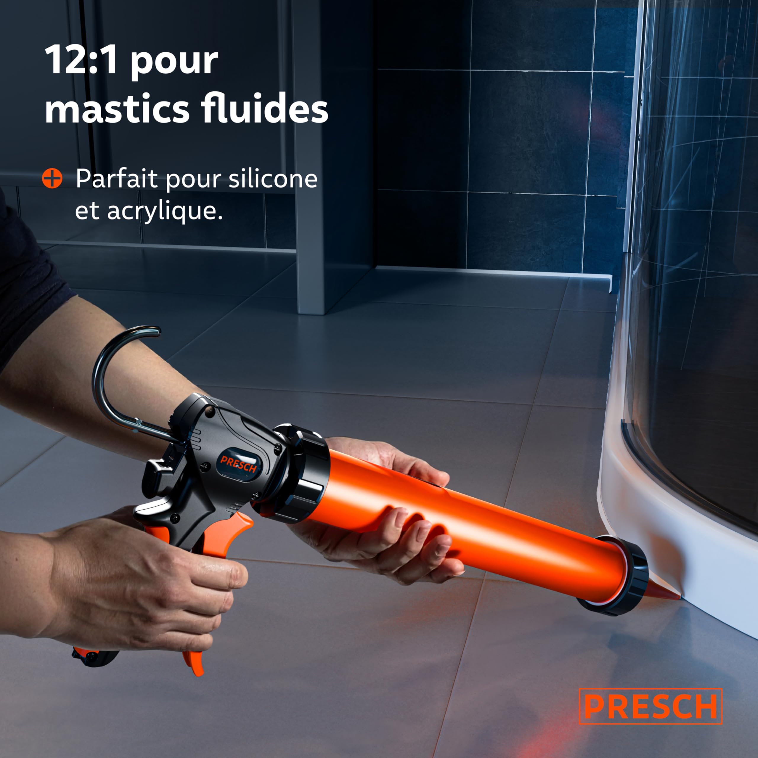 Presch Pistolet silicone 600ml incl. 2 embouts – Pistolet à calfeutrer commutable 24:1 & 12:1 pour tous mastics & adhésifs (acrylique, silicone & PU) – Seringue rotative 360° & poignée antidérapante