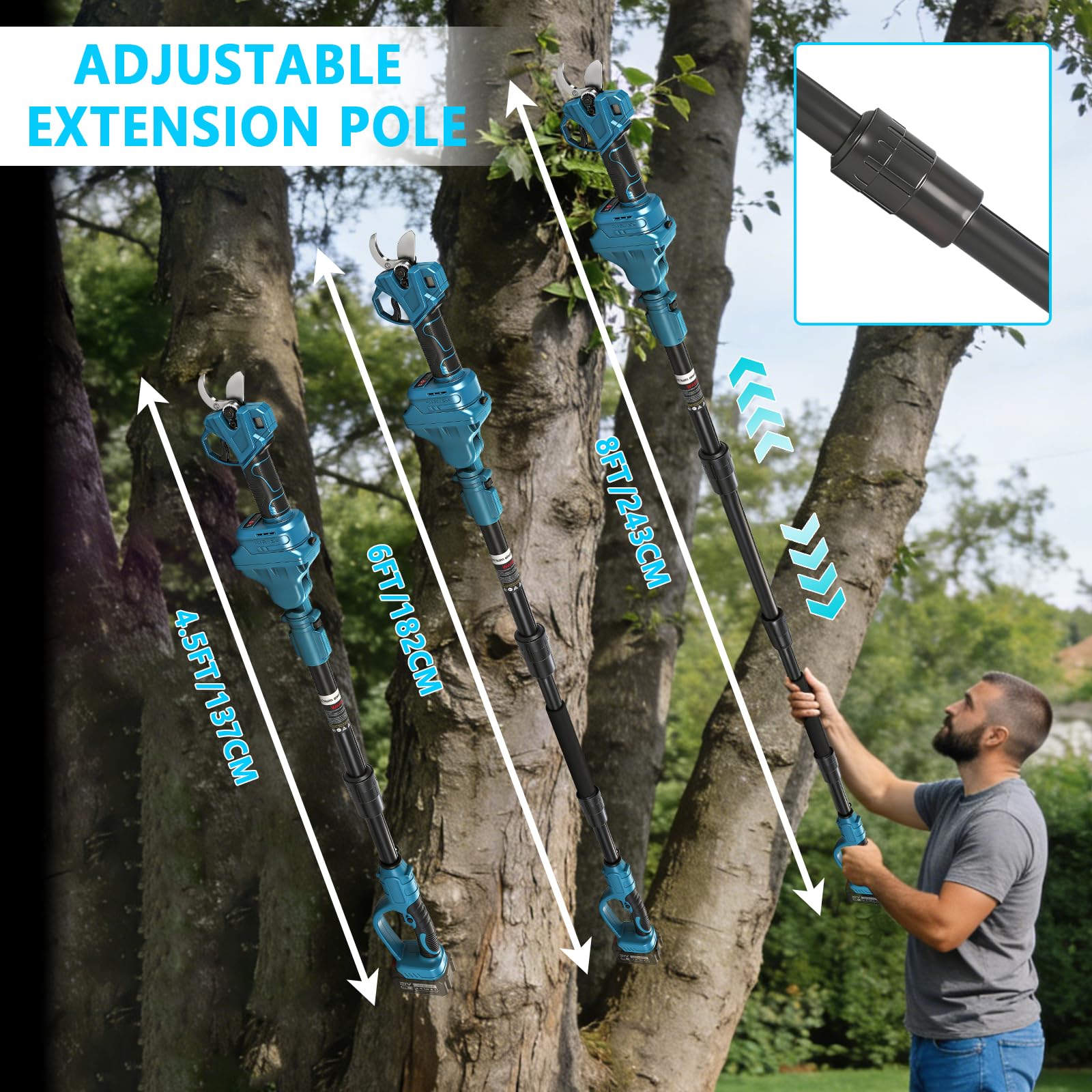 Roadtime 2 en 1 Podadora telescópica Eléctrica para Makita 18V(sin batería) | extensible Tijeras de jardín pantalla LCD, 35mm diámetro corte, alcance total 4.2m, ramas, jardinería profesional