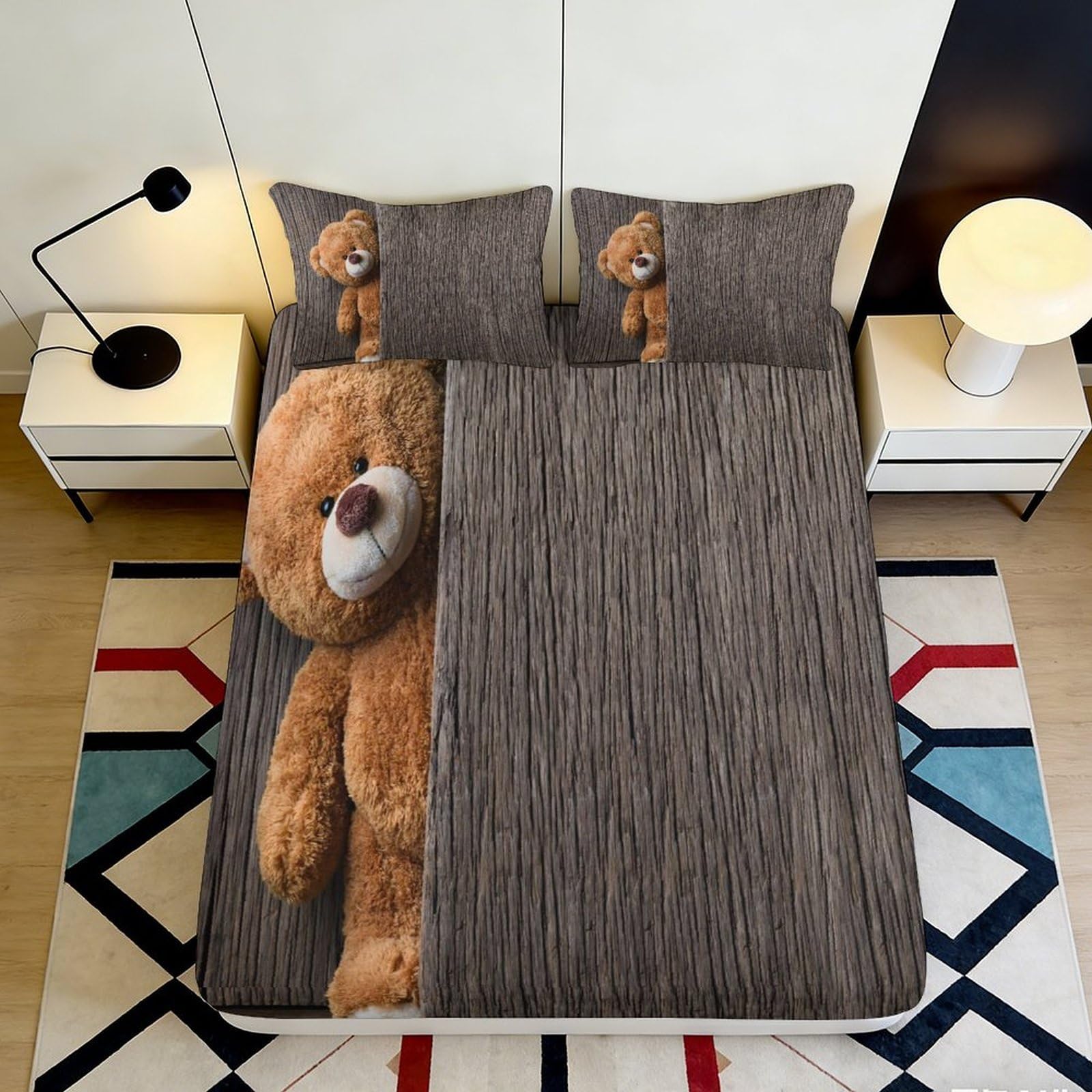3D Printed Brown Teddy Bear Fitted Sheet Microfiber Soft Decorative Cartoon Plush Mattress Cover for Bedroom Guest Room 90x200x25cm