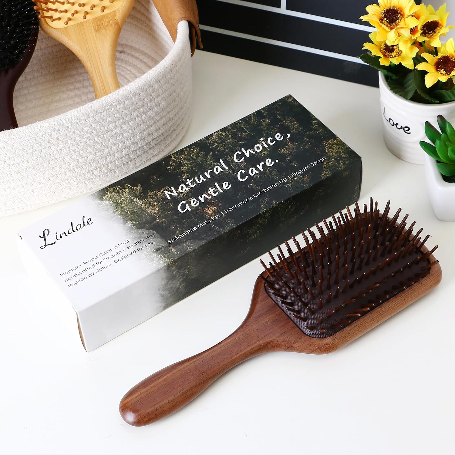 Lindale Walnut Wooden Hair Brush for Hair Growth with Natural Walnut Bristles Detangler Paddle Hairbrush for Massaging Scalp for Women Men, Reduces Static for Curly Hair with Ergonomic Handle Square