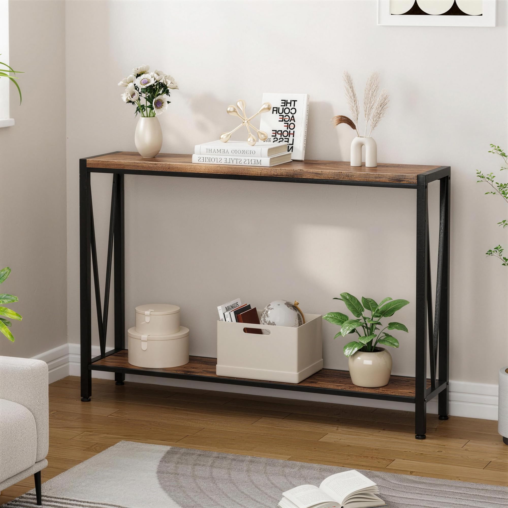 Zstar Consola Estrecha De Dos Niveles, Elegante Mesa Auxiliar para Entrada, Pasillo y Sala De Estar, Mueble Premium Que Ahorra Espacio, Retro,110×25×76 cm