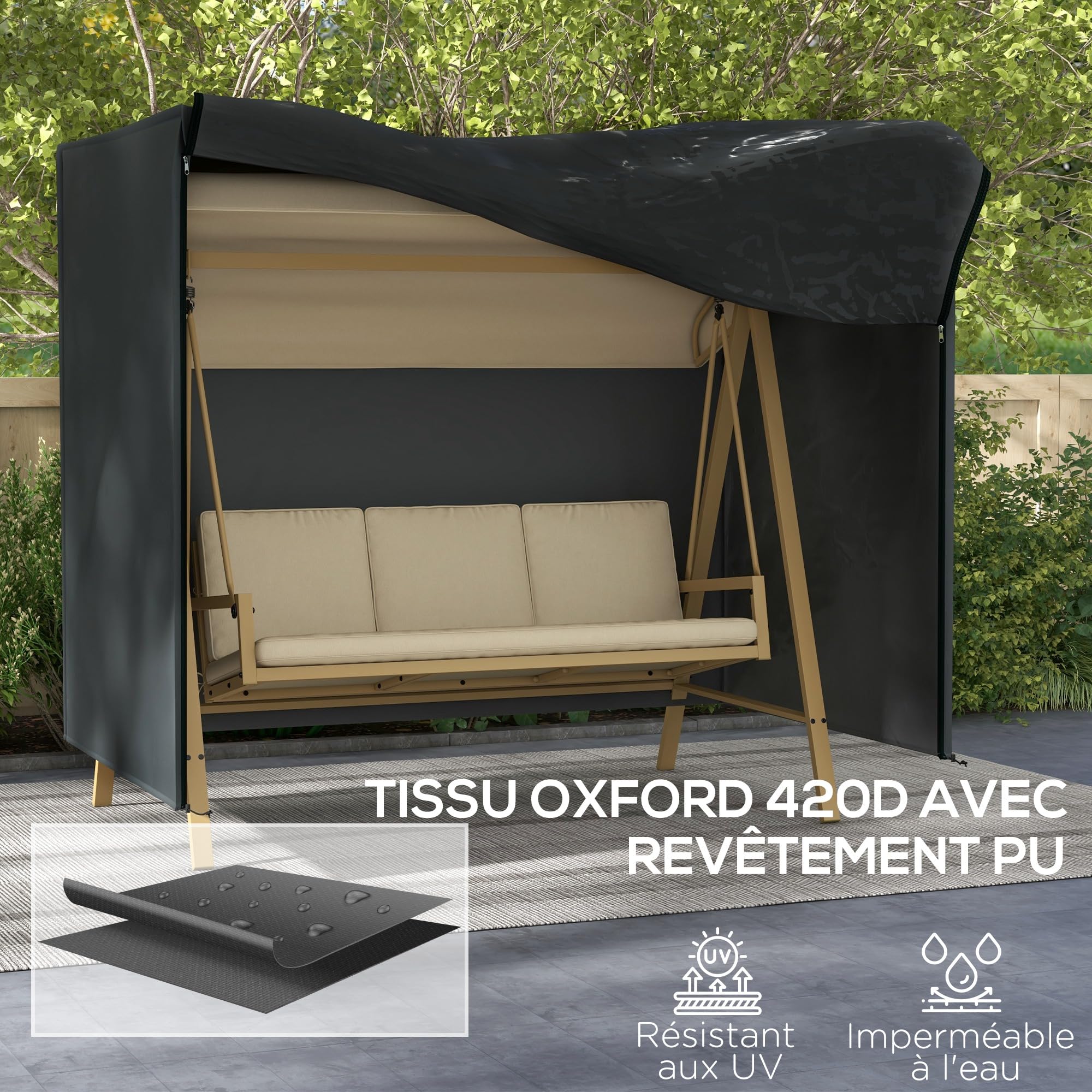 Outsunny Housse de Protection Balancelle 3 Places 2,20 x 1,25 x 1,72 m Noir | Bâche Étanche Et Anti-UV 420D, Fermeture Éclair, PE