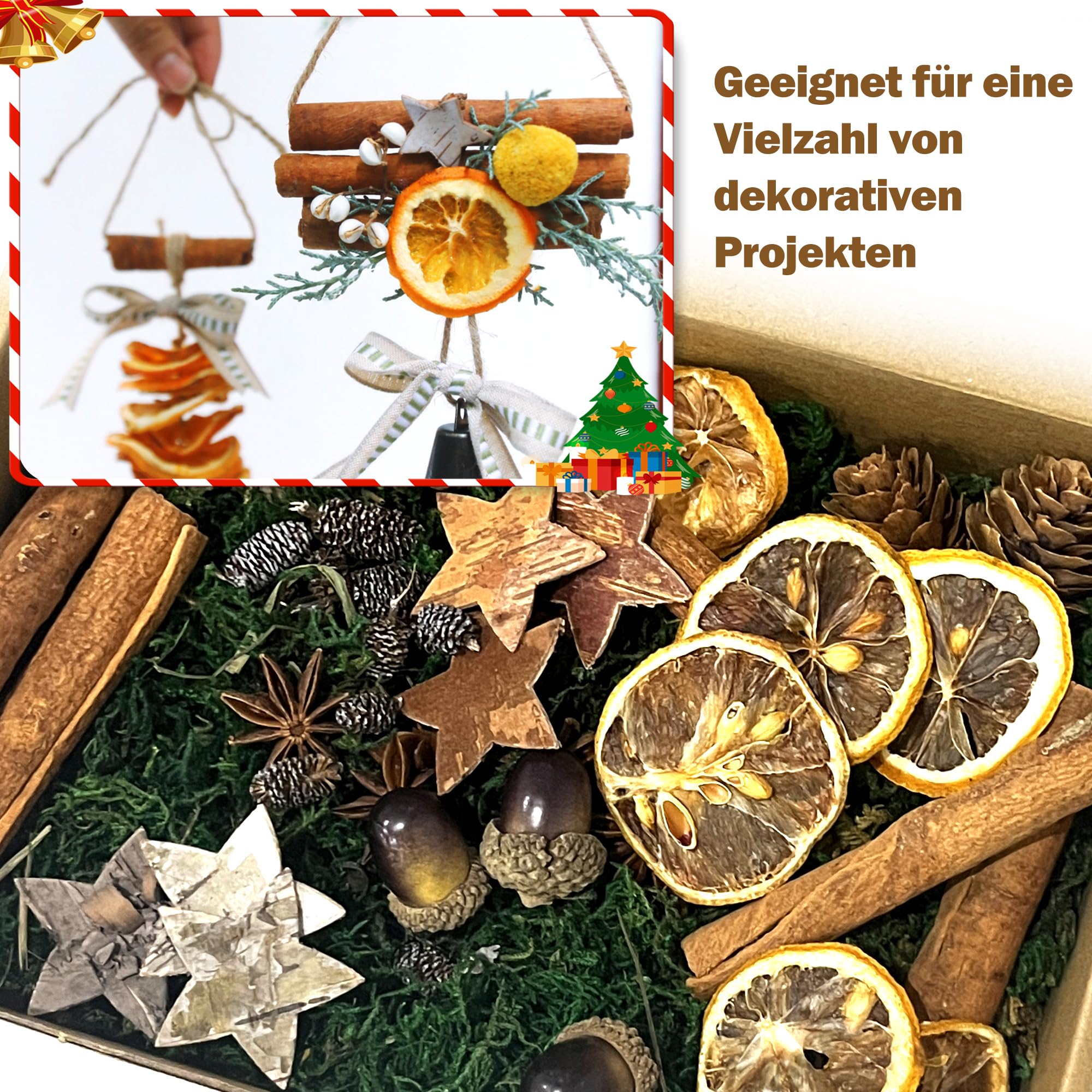 57 Stück Weihnachtskranz Deko, Adventskranz Deko, Potpourri Weihnachten, Adventskranz Bastelset mit Tannenzapfen, Eicheln, Getrocknete Orangenscheiben, Birkensternen, Dunkelgrün Moos, Sternanis (A)