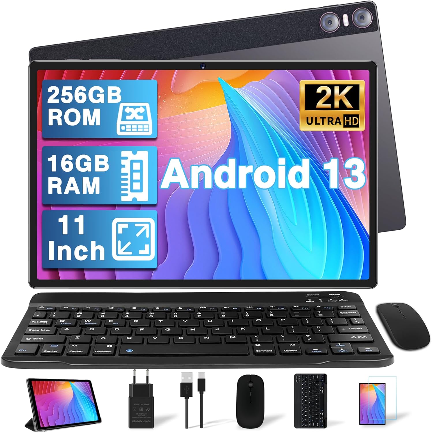 YESTEL Android 13 Tablet 11 Pollici con 16GB RAM 256GB ROM (TF 1TB) 2000x1200 IPS, 8600 mAh, 4 Altoparlantis, 5MP+13MP+2MP, 5G WiFi,Octa-Core 2.0GHz, GPS, BT 5.0, Tablet con Tastiera e Mouse, Caffè