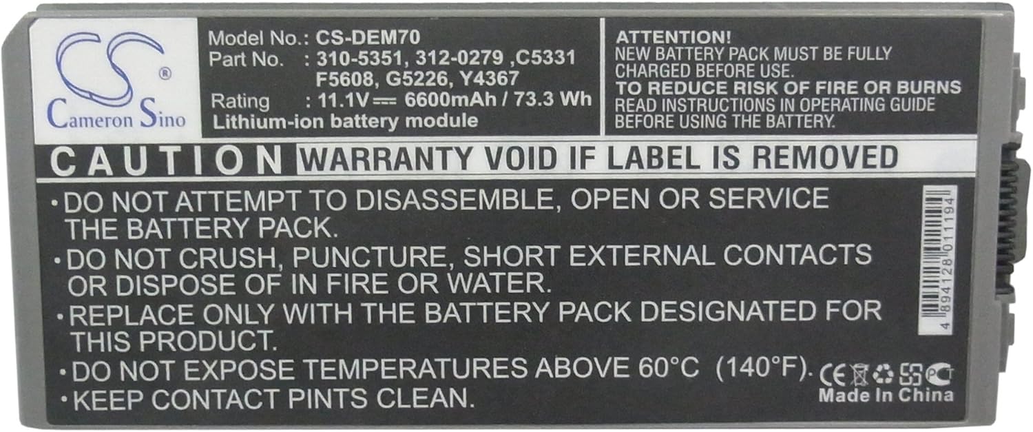 Cameron Sino CS New Replacement Battery for Latitude D810, Precision M70 (4400mAh) 310-5351, 312-0279, C5331, F5608, G5226, Y4367