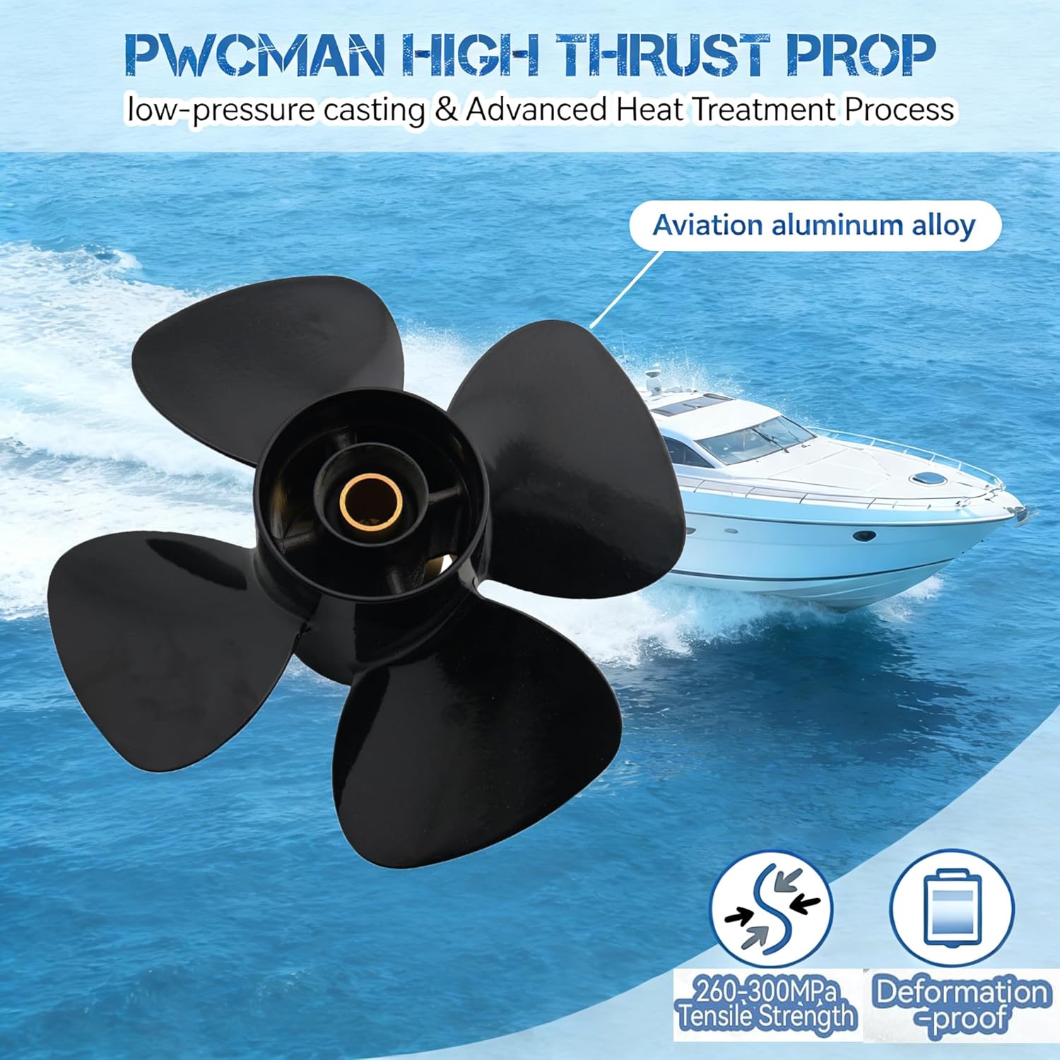 High Thrust 10x7 4 blade Propeller design for Mercury/Tohatsu 9.9CT 15hp 20HP Outboards 14 Spline Aluminum prop, Replaced OEM 5113-100-07, Perfect for Heavy Loads, Commercial Fishing, Pontoon Boats