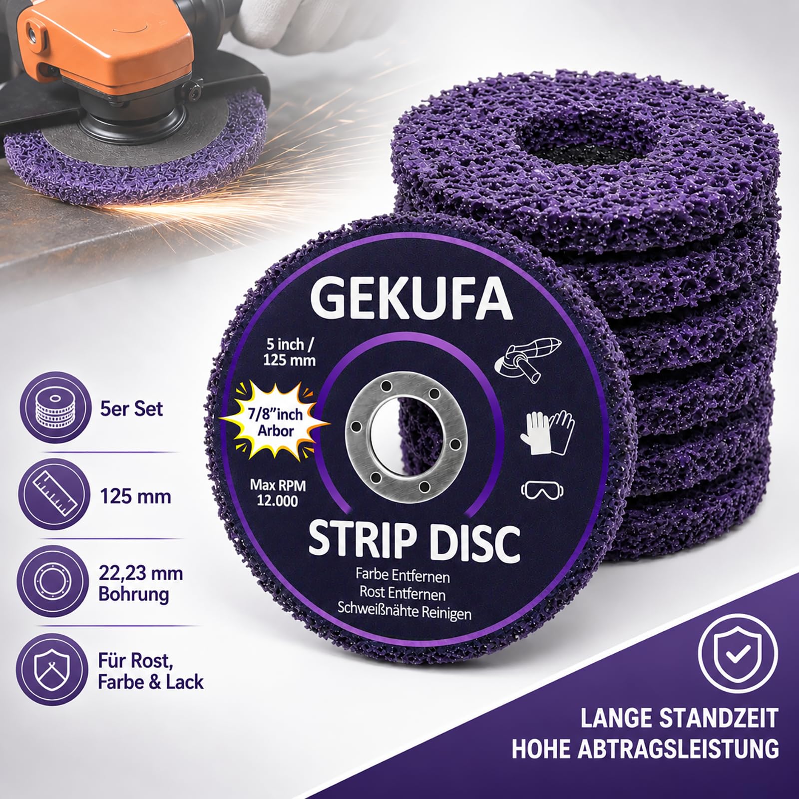GEKUFA Lot de 5 Disques de Nettoyage CSD 125 mm – Disques Abrasifs Décapants pour Meuleuse d’Angle, Élimination de Rouille, Peinture et Vernis, pour Métal, Bois et Plastique